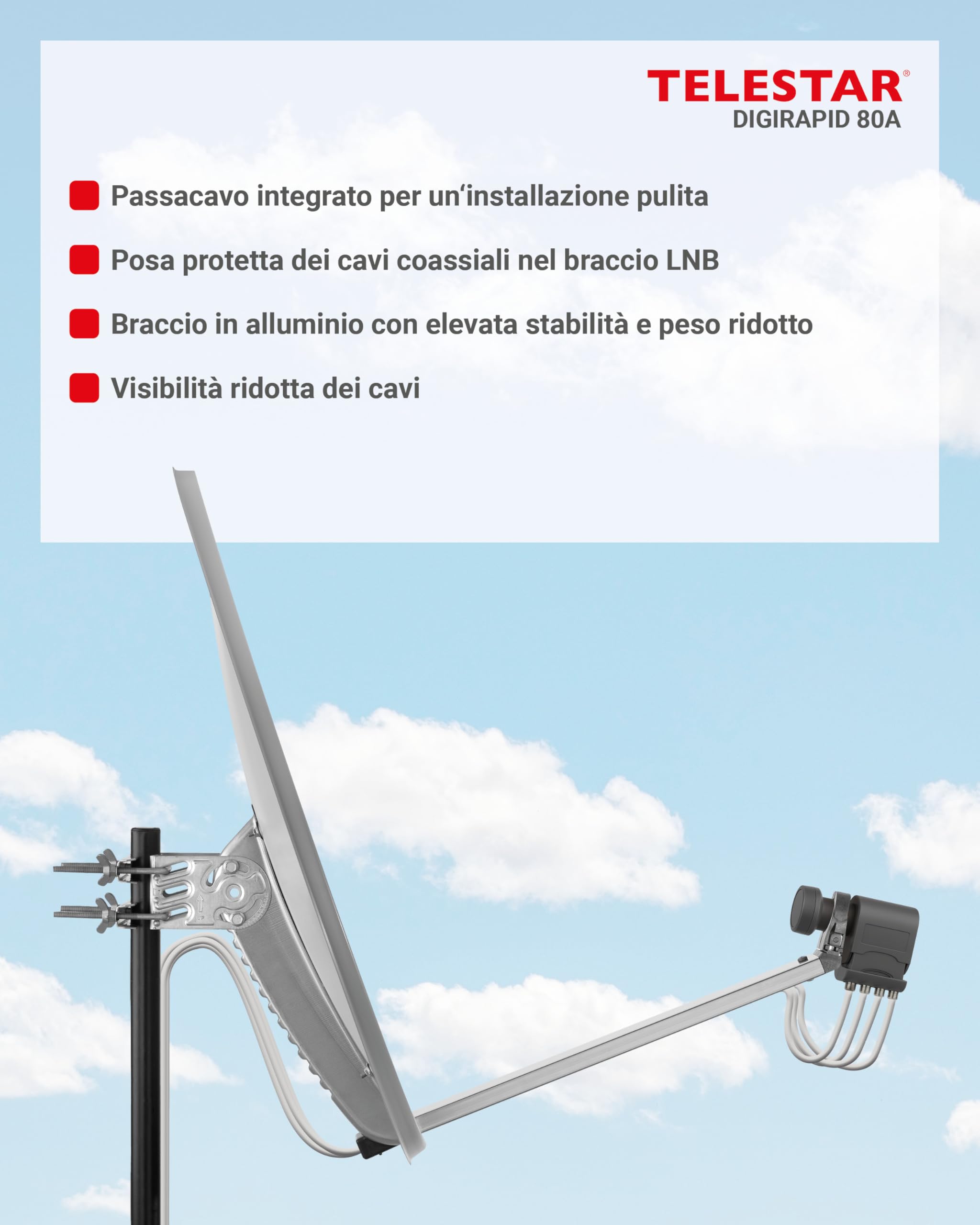 TELESTAR DIGIRAPID 80 A V2 – Parabola satellitare (80 cm, alluminio, braccio di supporto stabile e di alta qualità) – Grigio chiaro