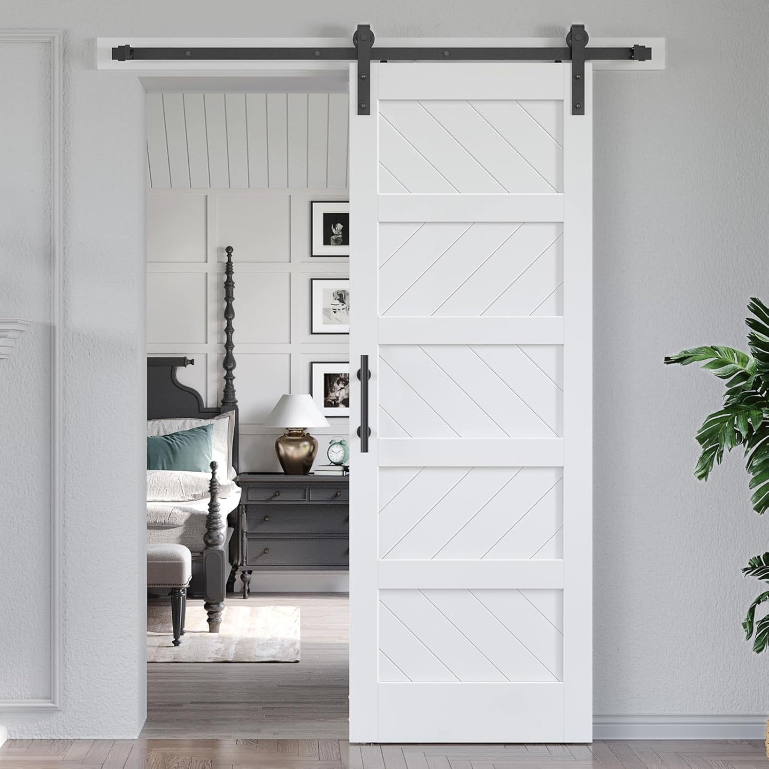 EaseLife 30in x 84in White Barn Door with 5.5 FT Sliding Door Hardware Track Kit Included,Solid MDF Wood Slab Covered with Water-Proof & Scratch-Resistant PVC Surface,DIY Assembly,Easy Install,5-Panel