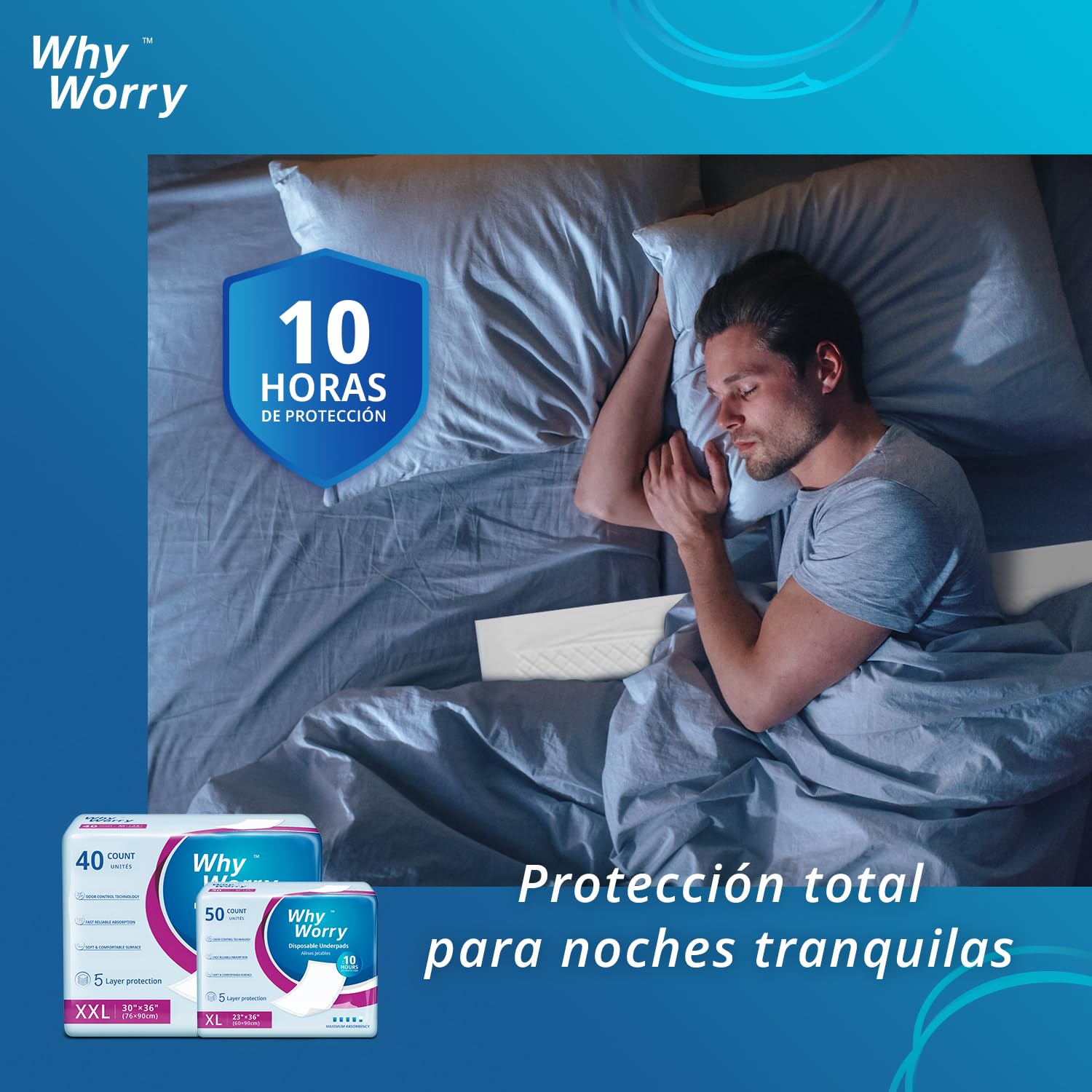 WhyWorry Empapadores Cama Adultos 60x90 cm para Incontinencia, Salvacamas para Adultos Desechables, Protector de Camas & Superficies, Cambiador Desechable Bebe, 50 Unidades