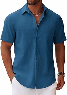 COOFANDY Men's Button Down Short Sleeve Shirt Casual Cotton Summer Beach Linen Wedding Shirts