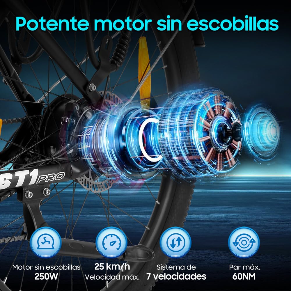 26T1 Bicicleta eléctrica de 26 pulgadas, batería extraíble de 36 V, 18,2 Ah, motor de 250 W, pantalla LCD, 7 velocidades, alcance 90-130 km, 25 km/h, IPX5 resistente al agua para adultos