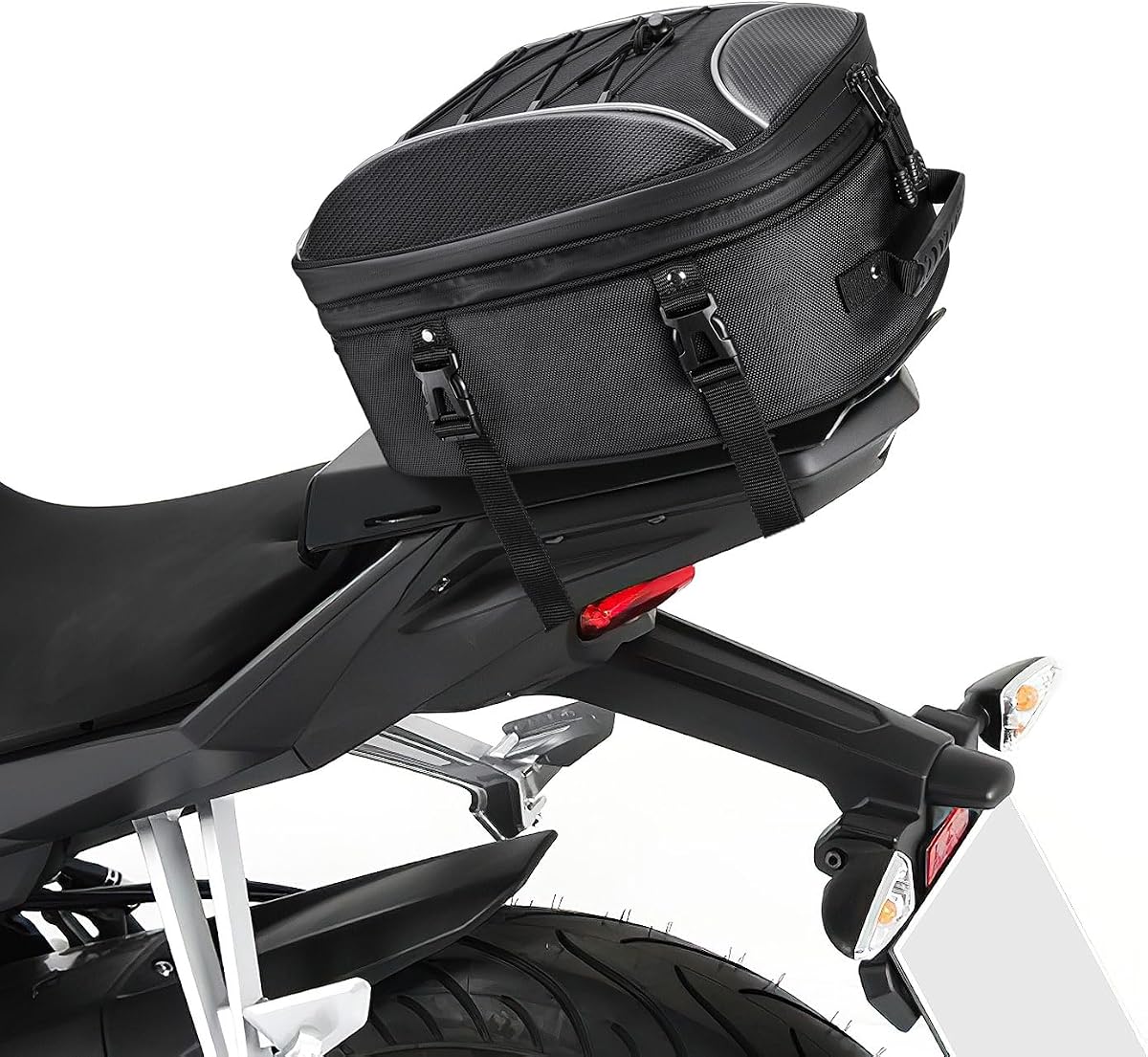 KEMIMOTO Bolsa Trasera para Motocicleta, Bolsa de Asiento Trasero para Motocicleta de Doble Uso con Cubierta Impermeable para la Lluvia, Bolsa para Casco de Moto Ampliable de 22L-34L Mochila de Almacenamiento de Equipaje con 6 Correas
