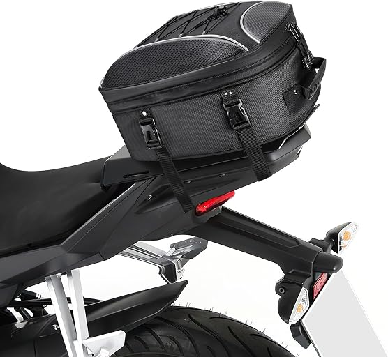 KEMIMOTO Motorcycle Tail Bag, Dual Use Motorcycle Rear Seat Bag with Waterproof Rain Cover, 22L-34L Expandable Motorbike Helmet Bag Luggage Storage Backpack with 6 straps
