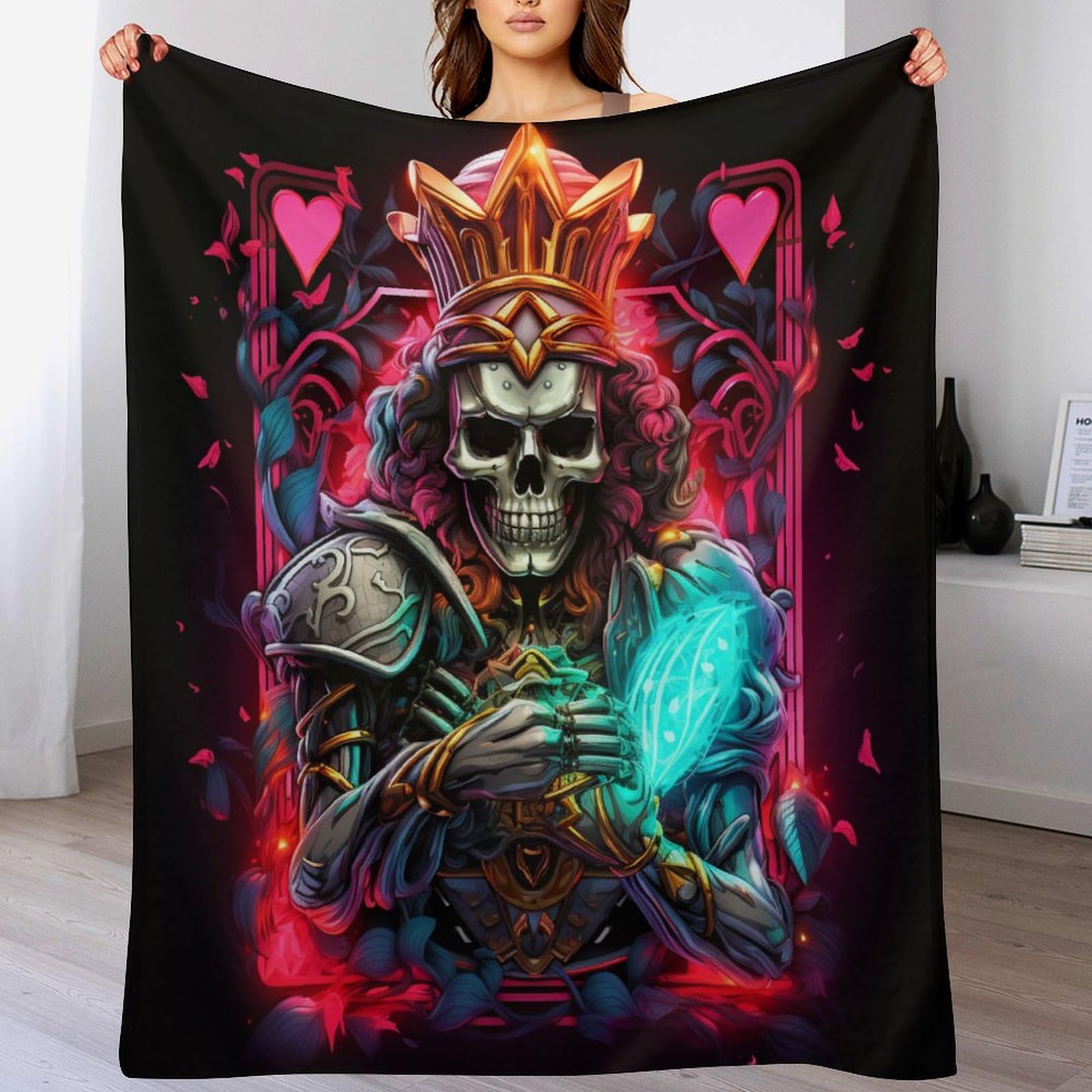 Couverture Crâne Poker en flannel douce et chaude idéale pour canapé et lit de 140x180 cm