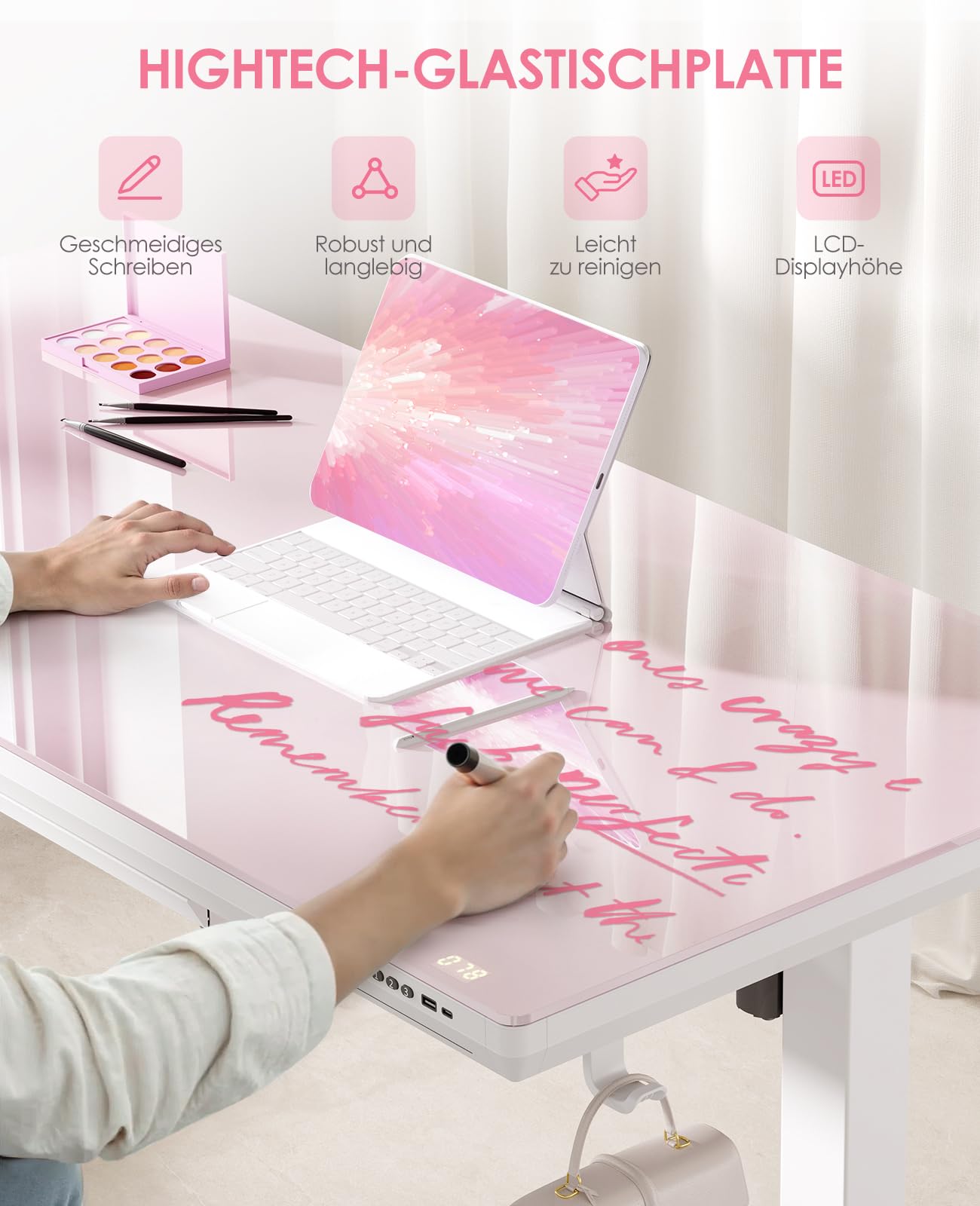 OffiGo Glas Höhenverstellbarer Schreibtisch, 140 x 60 cm Elektrischer Schreibtisch mit Schublade, Ganze Tischplatte mit USB und Type-C, Standing Desk, Steh-Sitz Glastisch für Home Office Büro, Rosa