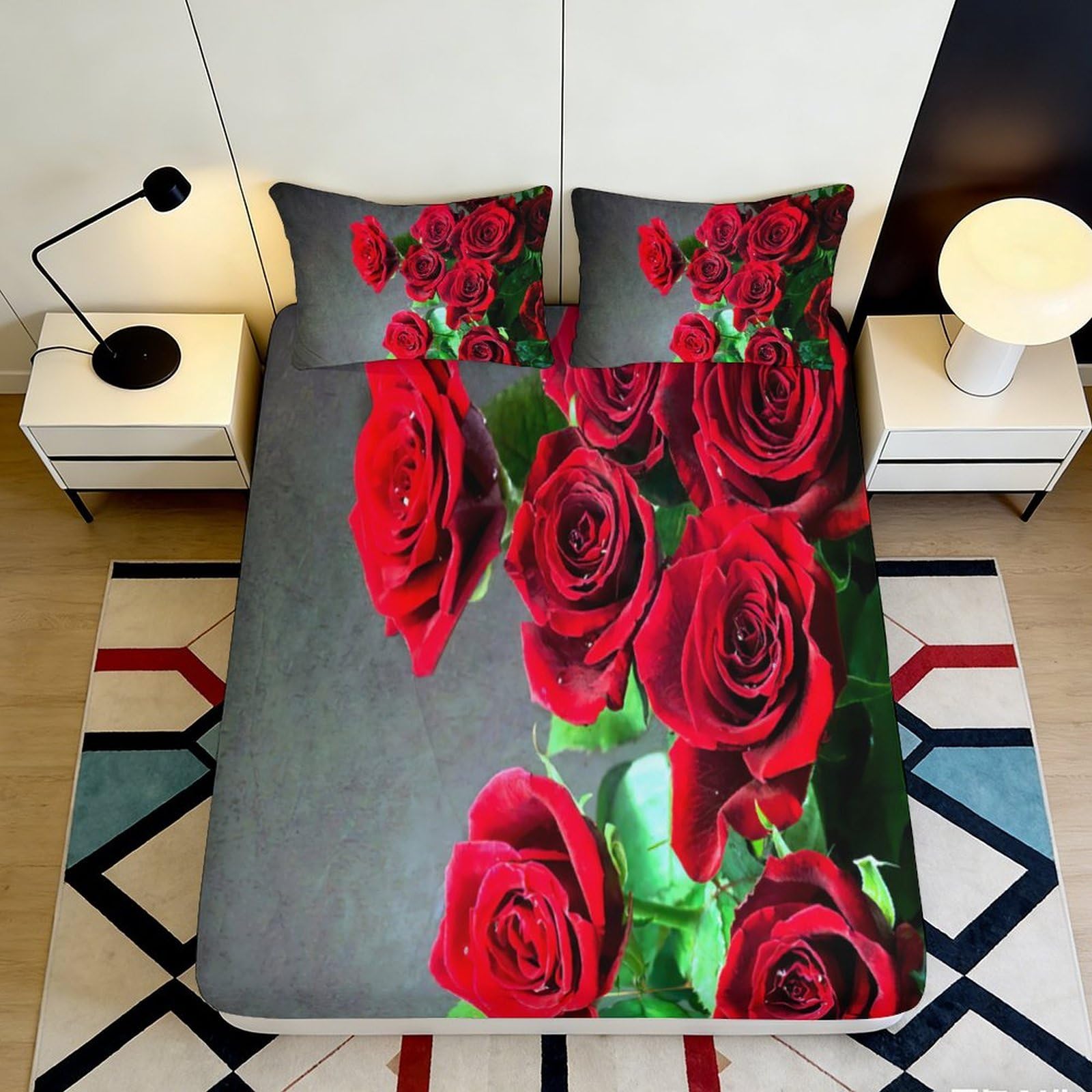 3D Printed Red Rose Blossom Fitted Sheet Microfiber Soft Anti-Slip Romantic Flower Bed Cover for Bedroom Guestroom 90x200x25cm