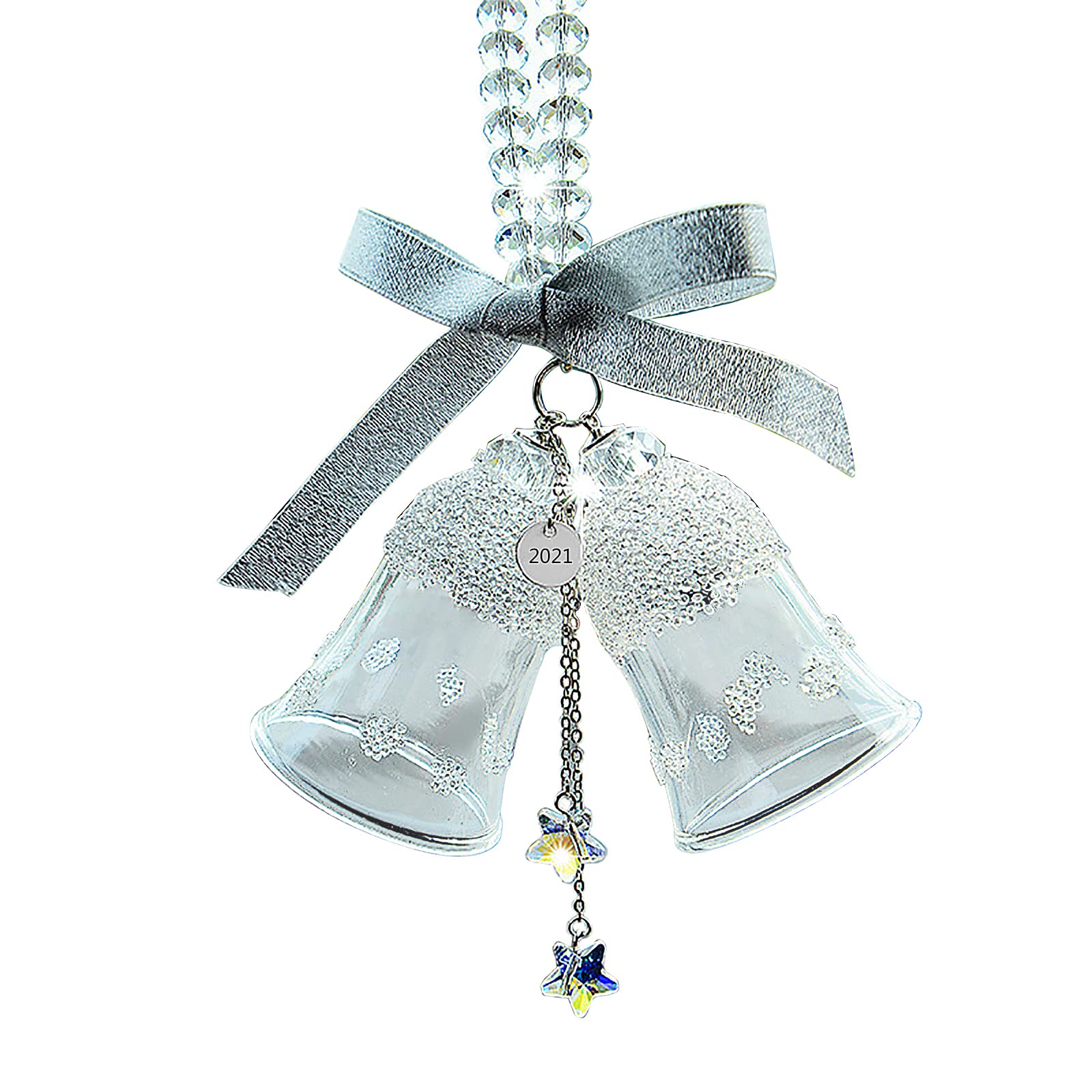 QYLJZB Crystal Bell Christmas Ornament, Christmas Double Bell Decoration Car Pendant with Beads and 6 Ribbons for Home Xmas Tree Decoration
