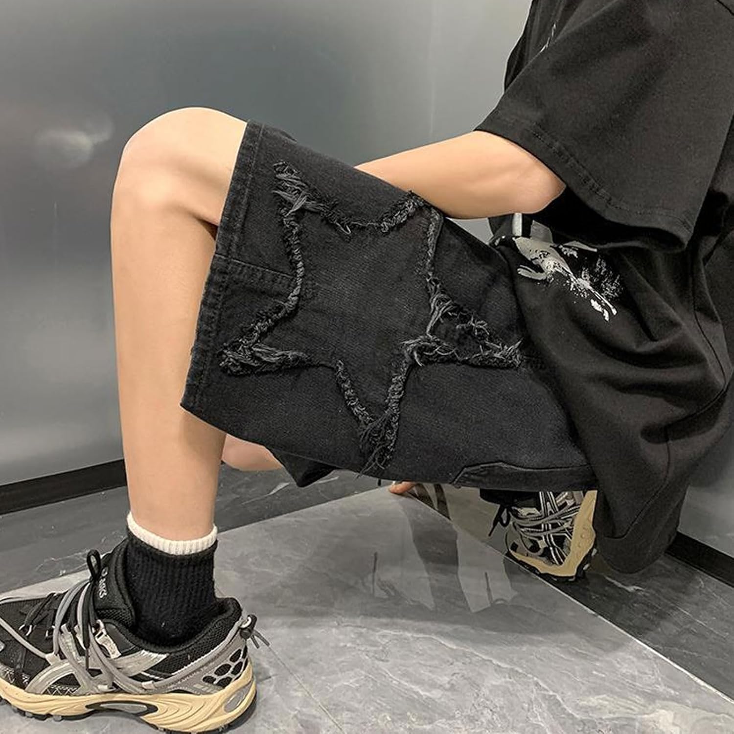 JortsティーンボーイズY2K刺繍スタージーンズショーツドローストリングプルオンデニムショーツゴムウエストバギージョート