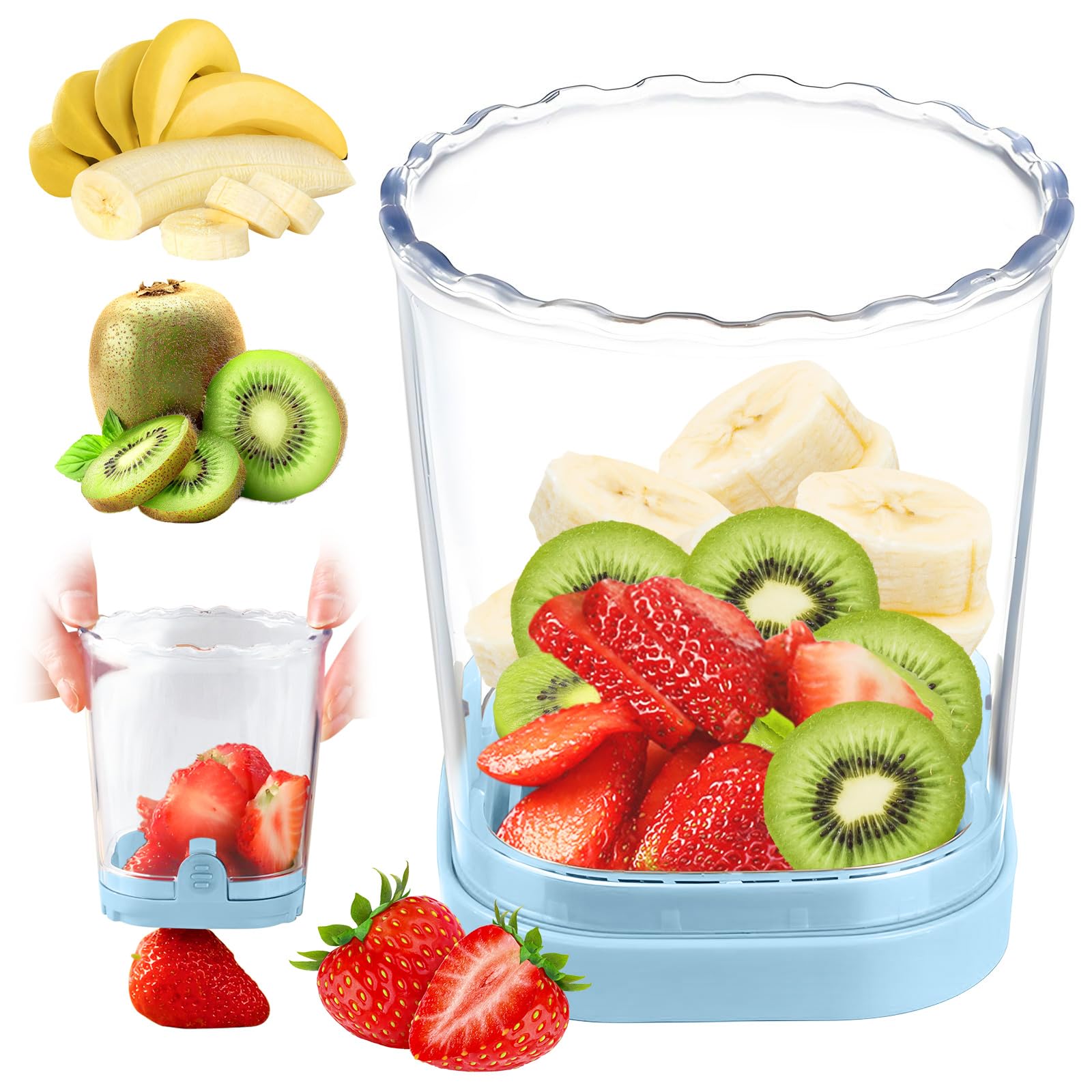 Strawberry Cutter Slicer Cup, Portable Fruit Slicer Cup, Stainless Steel Blade Strawberry Cutter Tool with Push Plate for Banana Egg Grape (Light Blue)