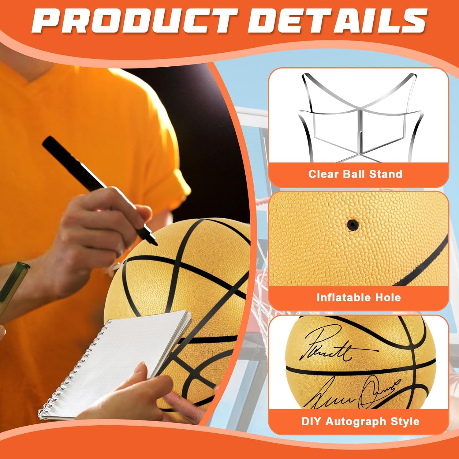 Hiboom Autograph Basketball with Acrylic Ball Stand, Signing Autograph Blank Panel Signature Official Ball for School College Coach Graduation Basketball Senior Night Gift