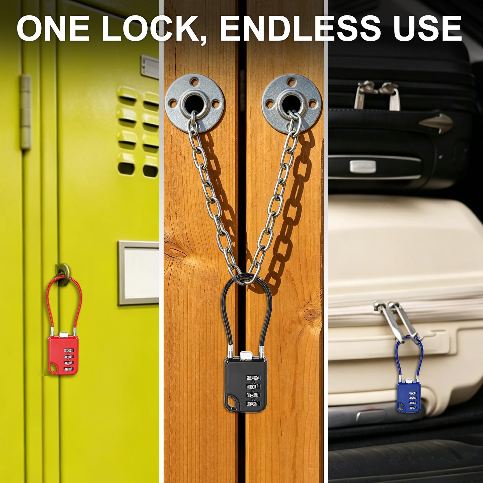 Cadenas à combinaison à 4 chiffres avec câble flexible de 7.9in / 20 cm – 12 verrous réinitialisables pour valise, bagages, sac à dos, boîte à outils, casiers de gym, casiers, casque, bleu