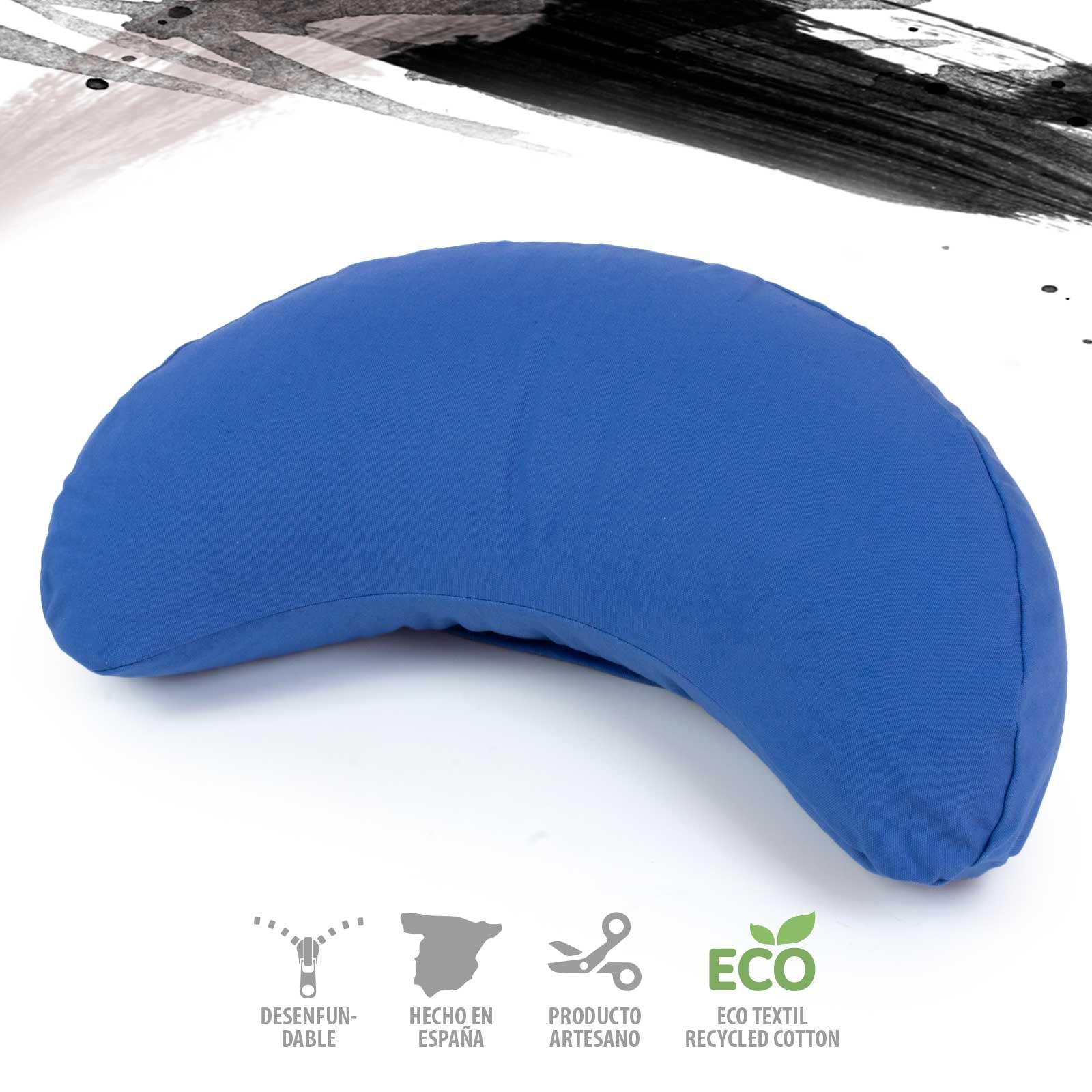Zafu meditación media luna desenfundable, AZUL, cojín yoga, tejido 100% algodón, relleno cáscara espelta ecológica