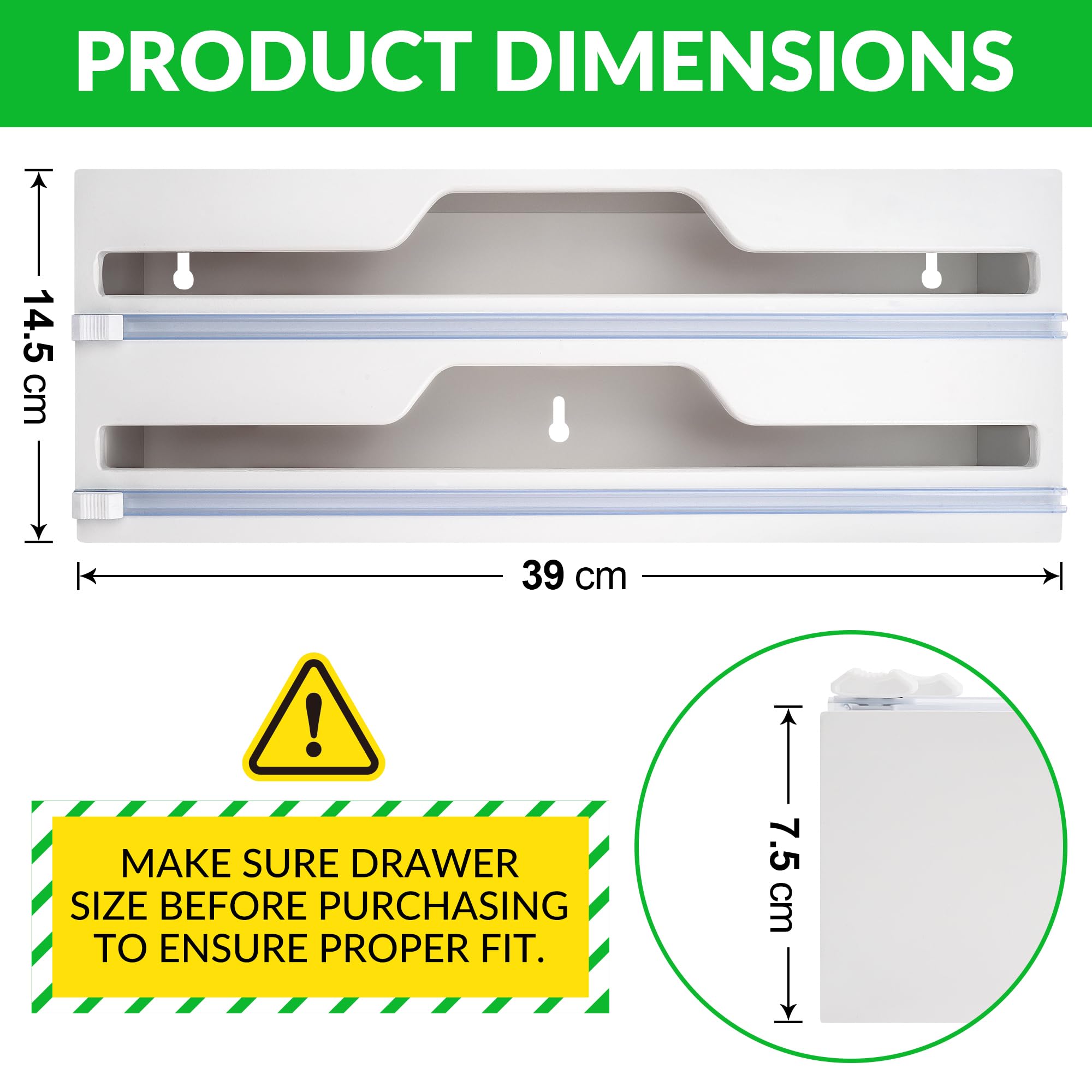 Dispensador y cortador de papel de aluminio y película adhesiva, compatible con rollos de 35 cm de ancho, organizador de papel de cocina para papel de pergamino (blanco)