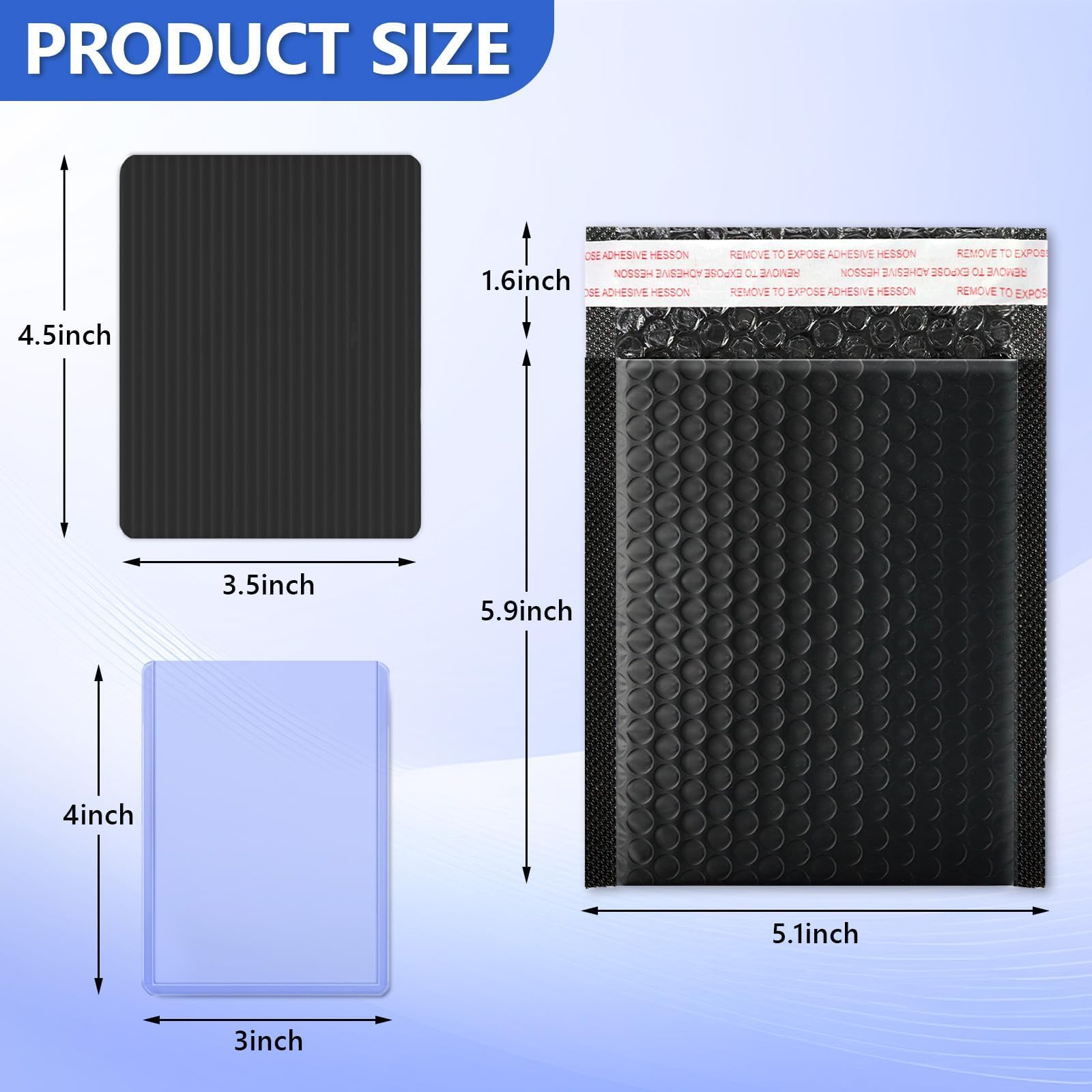 DEDC Ding Defend Lot de 200 protections d'expédition de cartes à collectionner, 50 chargeurs par le haut, 50 enveloppes à bulles noires (12,7 x 15,2 cm) pour cartes à collectionner et ruban adhésif
