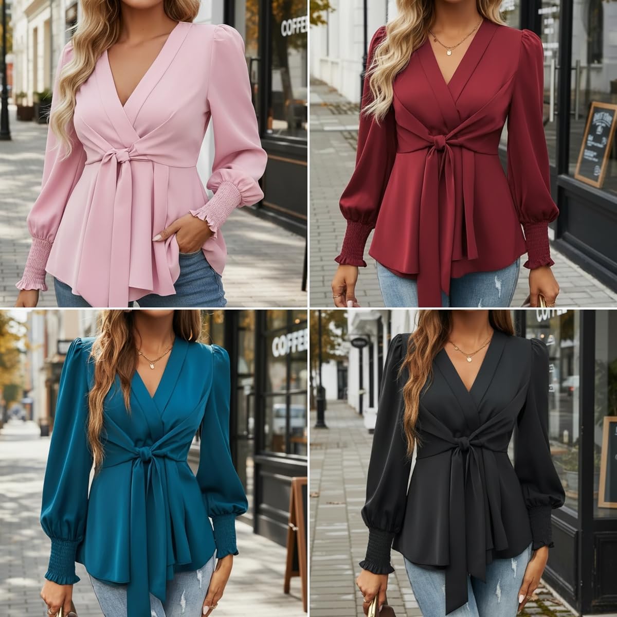 Women's Spring V Neck Long Sleeve Tops Elegant Wrap Front Tie Knot Shirts Puff Sleeve Dressy Casual Blouse - Image 3