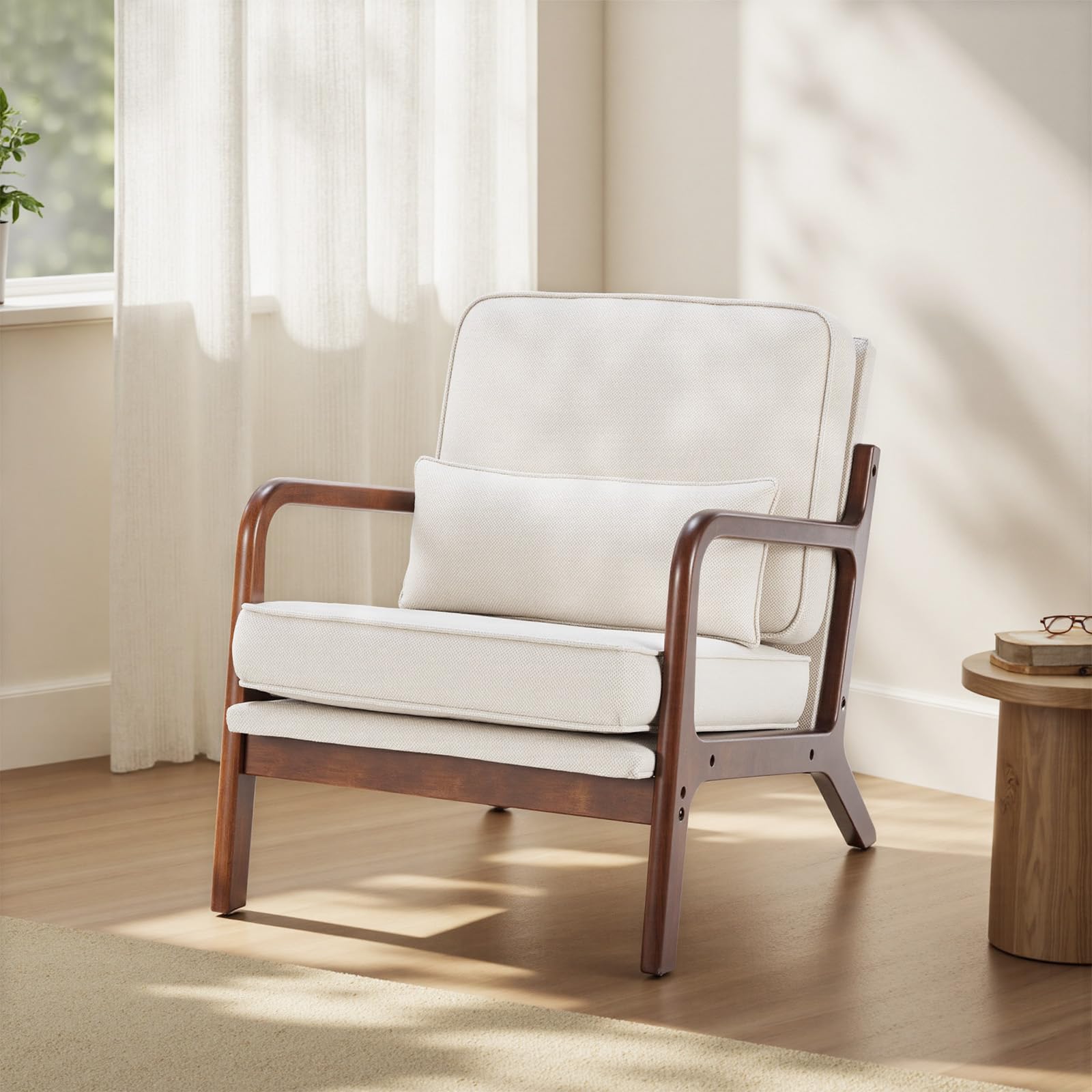 Photo 1 of *Missing Pillow* DUMOS Mid Century Modern Chair, Accent Chair with Arms and Waist Cushion, Reading Chairs for Adults, Lounge Chair for Living Room and Bedroom, Solid Wooden Frame, Beige