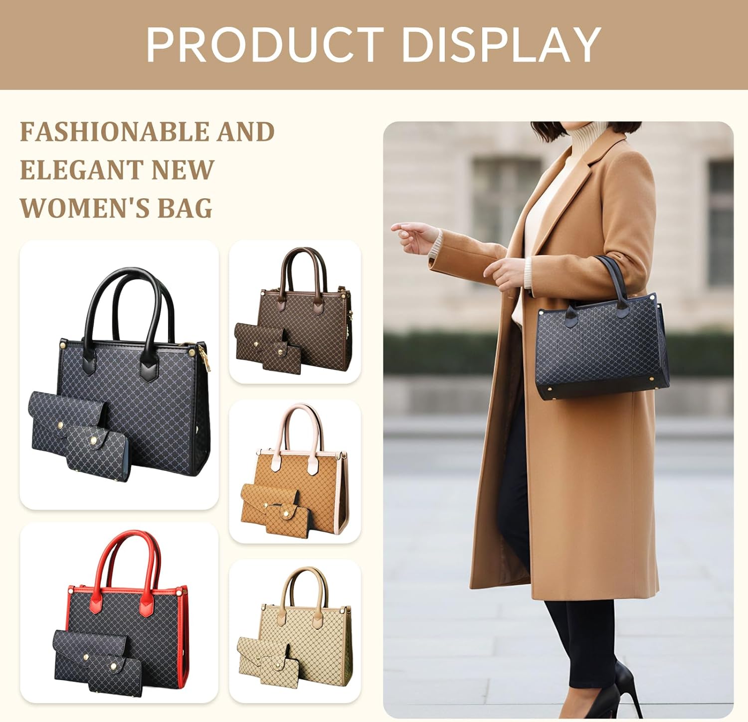 3pcs Purses and Handbags Set for Women, Top-Handle Tote, Satchel Shoulder Bag & Matching Wallet and Card Purse - Image 7