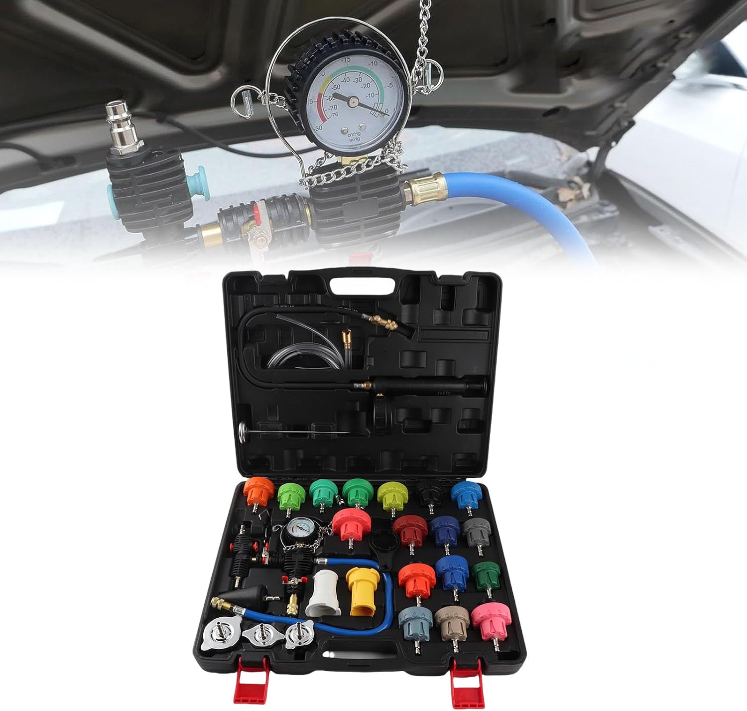 Universal Radiator Pressure Tester Kit Coolant System Pressure Tester Vacuum Refill Kit with 0-35PSI Meter 0-200 Thermometer for Automotive Cooling System Leak Detection