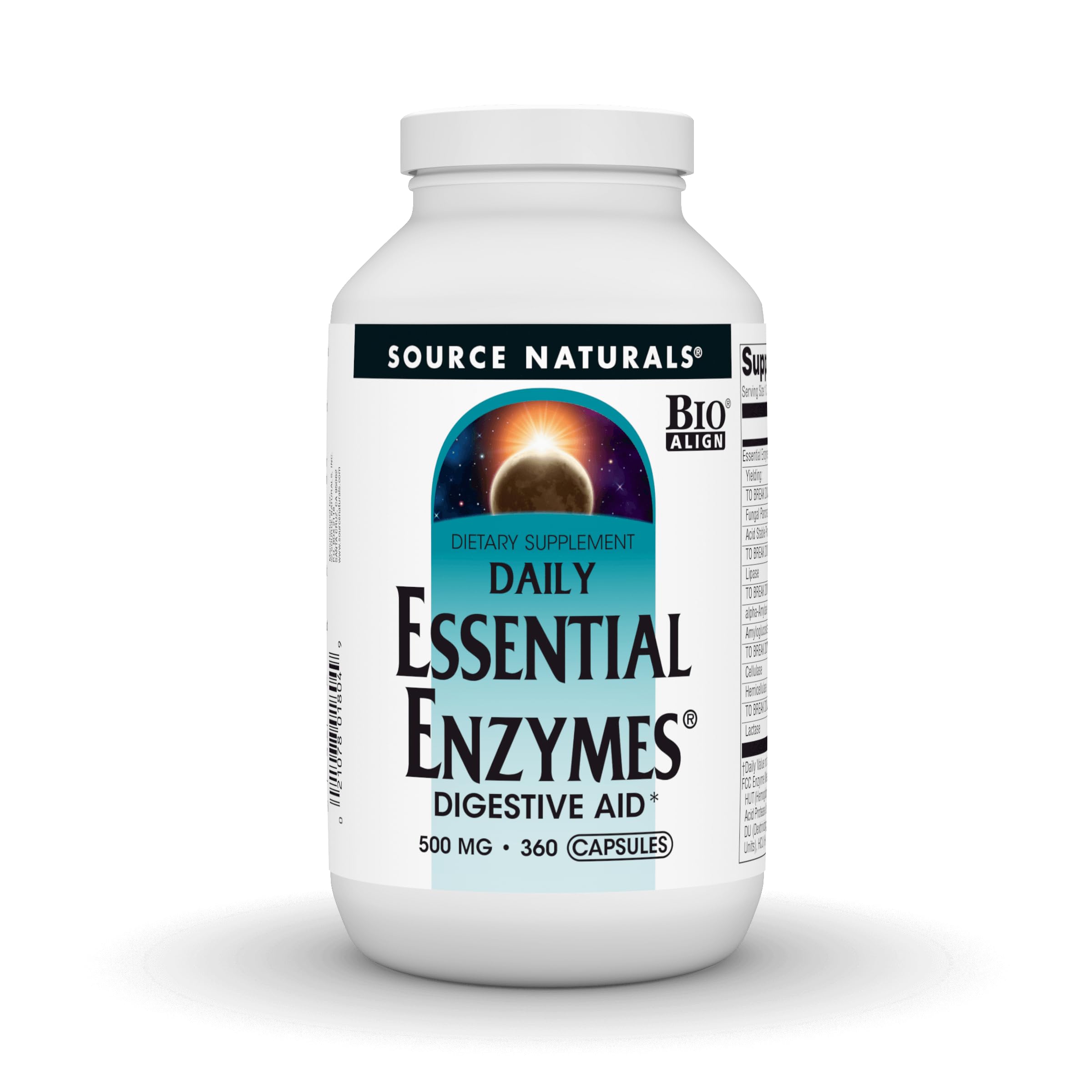 Source Naturals Essential Enzymes 500mg, Bio-Aligned Multiple Enzyme Supplement Herbal Defense for Digestion, Gas, Constipation & Bloating Relief - Digestive Aid* - 360 Capsules, 360 Servings
