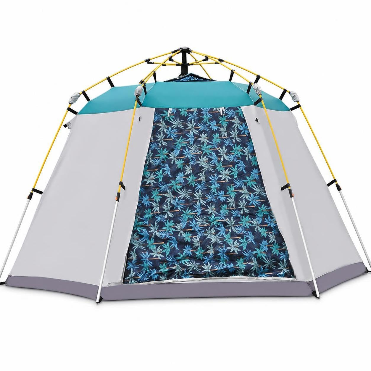Doppelschicht Zelt mit Fiberglasstangen für Camping und Outdoor-Abenteuer, Kokospalmenmuster (Tür) Einzelschicht, Einzelschichtzelt, Kokospalmenmuster, Mehrfarbig