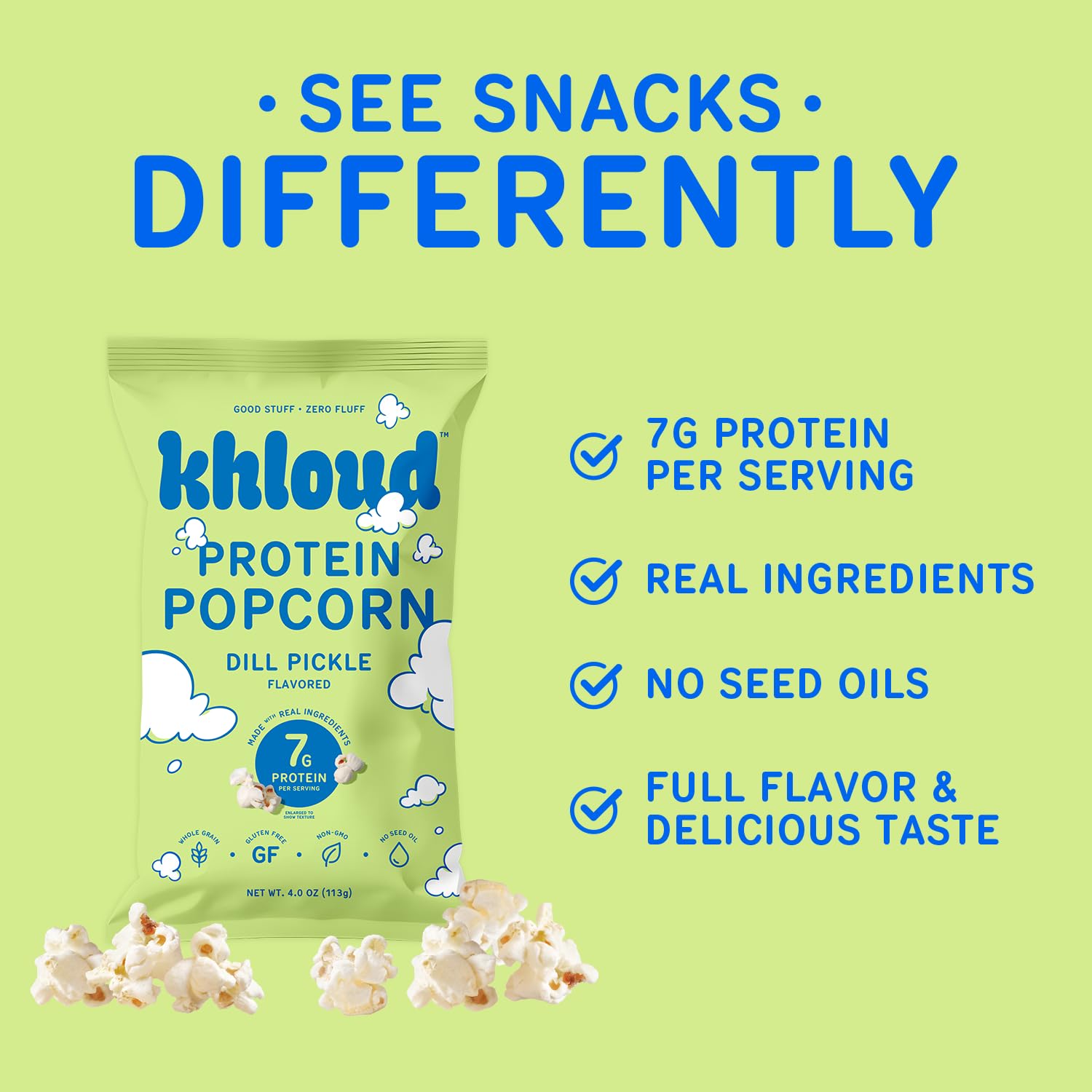 Khloud Protein Popcorn - Dill Pickle - 7g Protein Snacks for Adults & Kids - Flavored Popcorn Made with Real Ingredients & Milk Protein Isolate - Non-GMO, Gluten-Free, Kosher - 4oz, 4pk