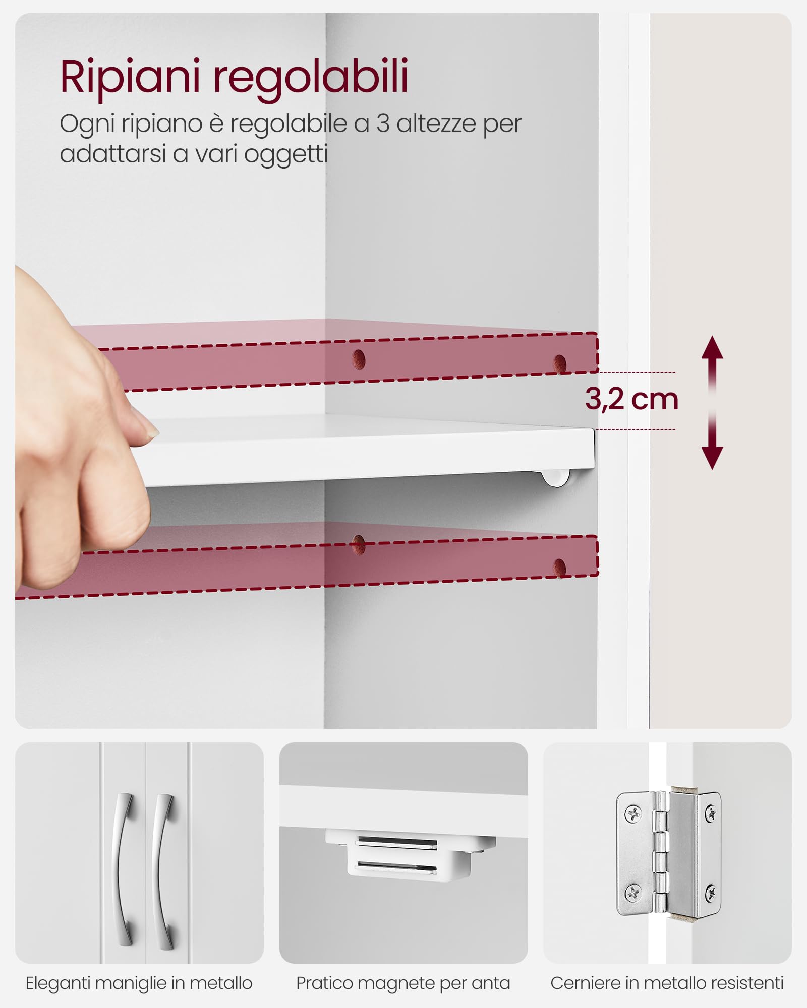 VASAGLE Armadietto Pensile da Bagno, Mobile Bagno Sospeso, 30 x 60 x 60 cm, Mobiletto da Parete con Ripiani Regolabili, Bianco Nuvola BBC321W01