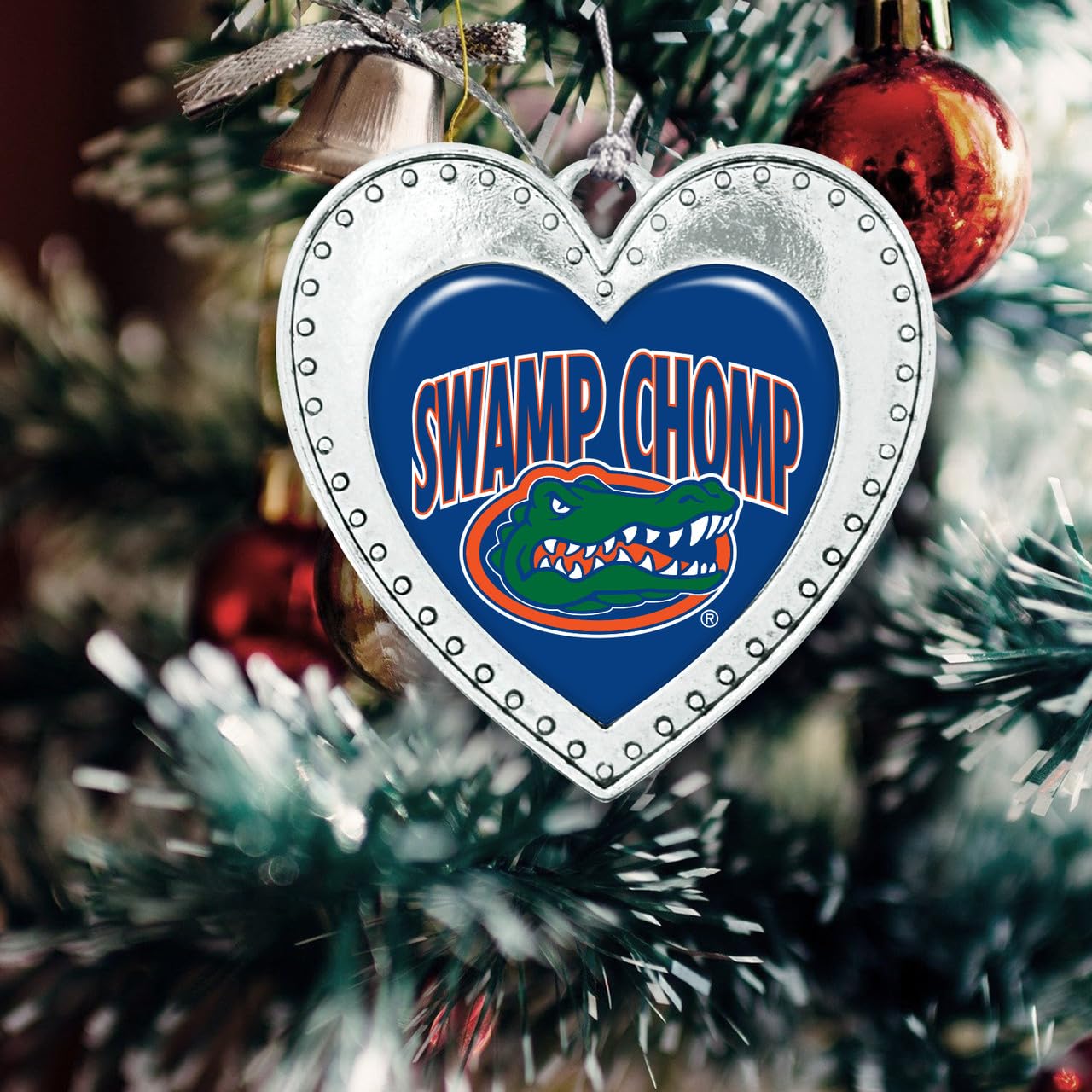 Florida Gators Swamp Chomp Christmas Heart Shape Silver Metal Ornament Gift Tree Decoration UF