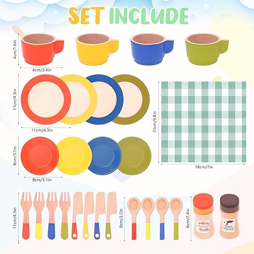 Miniatura 2 de Juego de 30 platos y platos de madera para niños, accesorios de cocina de madera Montessori, juego de vajilla para regalos de niños, juegos de