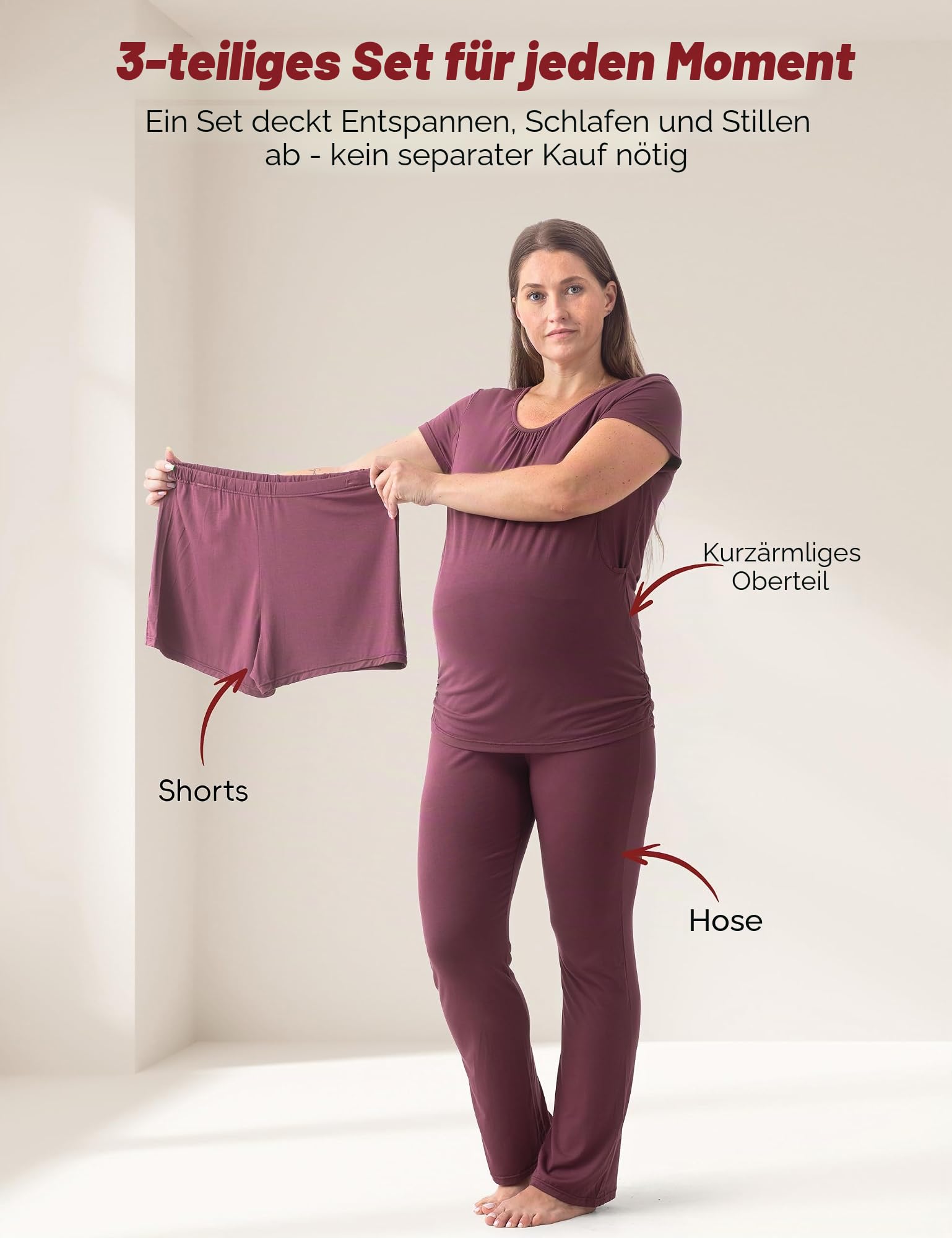 SUNNYBUY Damen Umstandsmode Stillpyjama-Set, Kurzarm-Stillshirts, Schwangerschafts-Shorts und Hosen, 3-teiliges Stillpyjama-Set, Dunkelrot XL