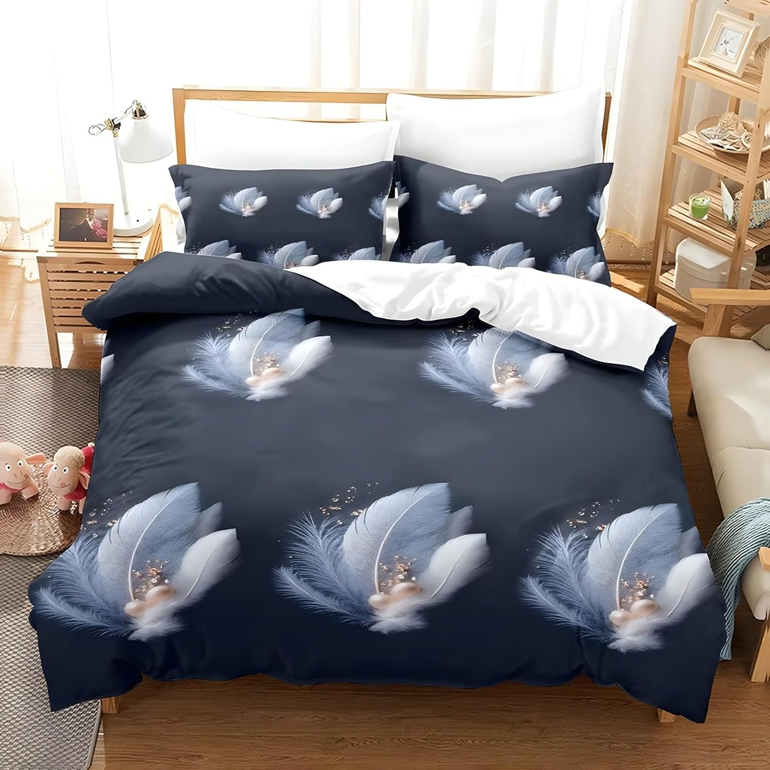 Funda Nordica Cama 90 Infantil Plumas Ropa de Cama Azul Marino Azul Microfibra Suave y Cómoda con Cremallera Funda Edredon 150x200-2 Fundas Almohada 50x75 QF362