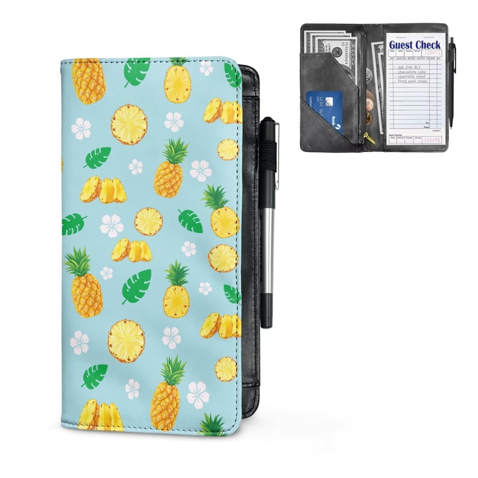 ZCFYGDX Custom Logo Text Efficient Organization Server Book for Waitress – Pineapple Print Leather Waiter Book with Zipper Pocket, Durable Construction, Includes Side Pocket & Pen Holder 9x5 Inches