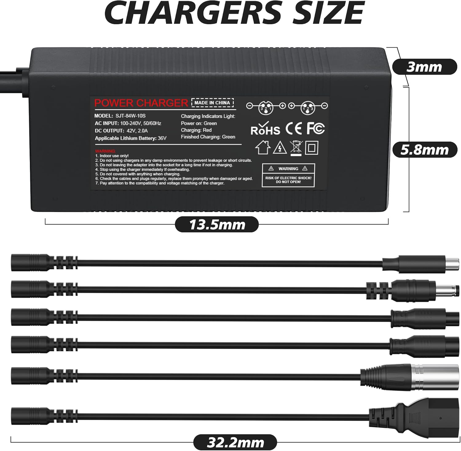 42 V charger for 36 V electric hoverbooter lithium battery ebike, electronic scooter charger for Gotrax, Jetson, Xiaomi Lithium ion battery 36V, Swagtron, Brid, Segway, Razor, Sisigad 8