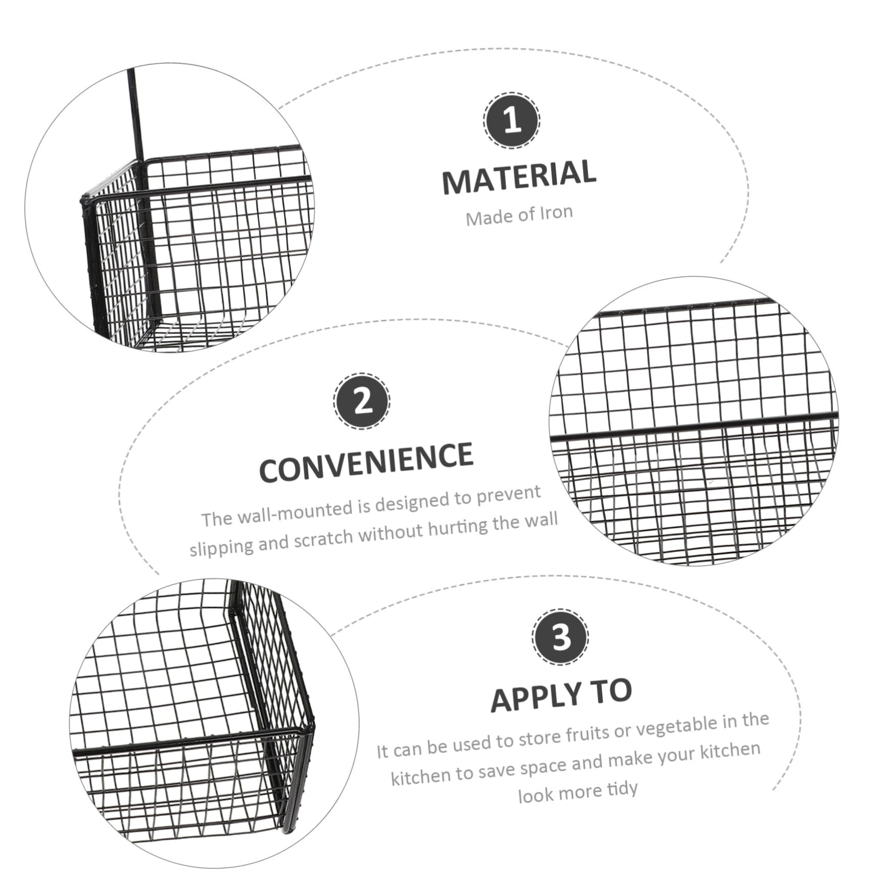 Cesta Colgante de Pared de Hierro para Cocina, Negra, Práctica | Verduras y Jengibre, Almacenamiento Ordenado, Estable y Fiable, Resistente al Óxido
