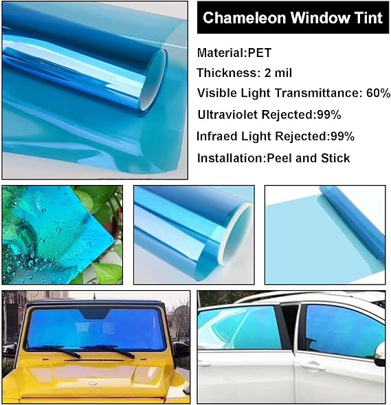 XhuangTech Car Window Tint Film, 60% VLT Chameleon Car Window Tint Film Chameleon Light Blue, 90% Heat Insulation Anti Glare Window Film, Car Tint Solar Film for Windshield/Side Window (50×300CM)