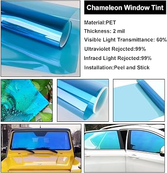 XhuangTech Car Window Tint Film, 60% VLT Chameleon Car Window Tint Film Chameleon Light Blue, 90% Heat Insulation Anti Glare Window Film, Car Tint Solar Film for Windshield/Side Window (50×300CM)