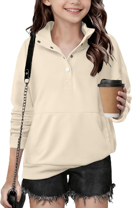 Arshiner Girls Sweatshirt Casual Lightweight Pullover Sweatshirts Long Sleeve Button Tops Fall Winter Clothes