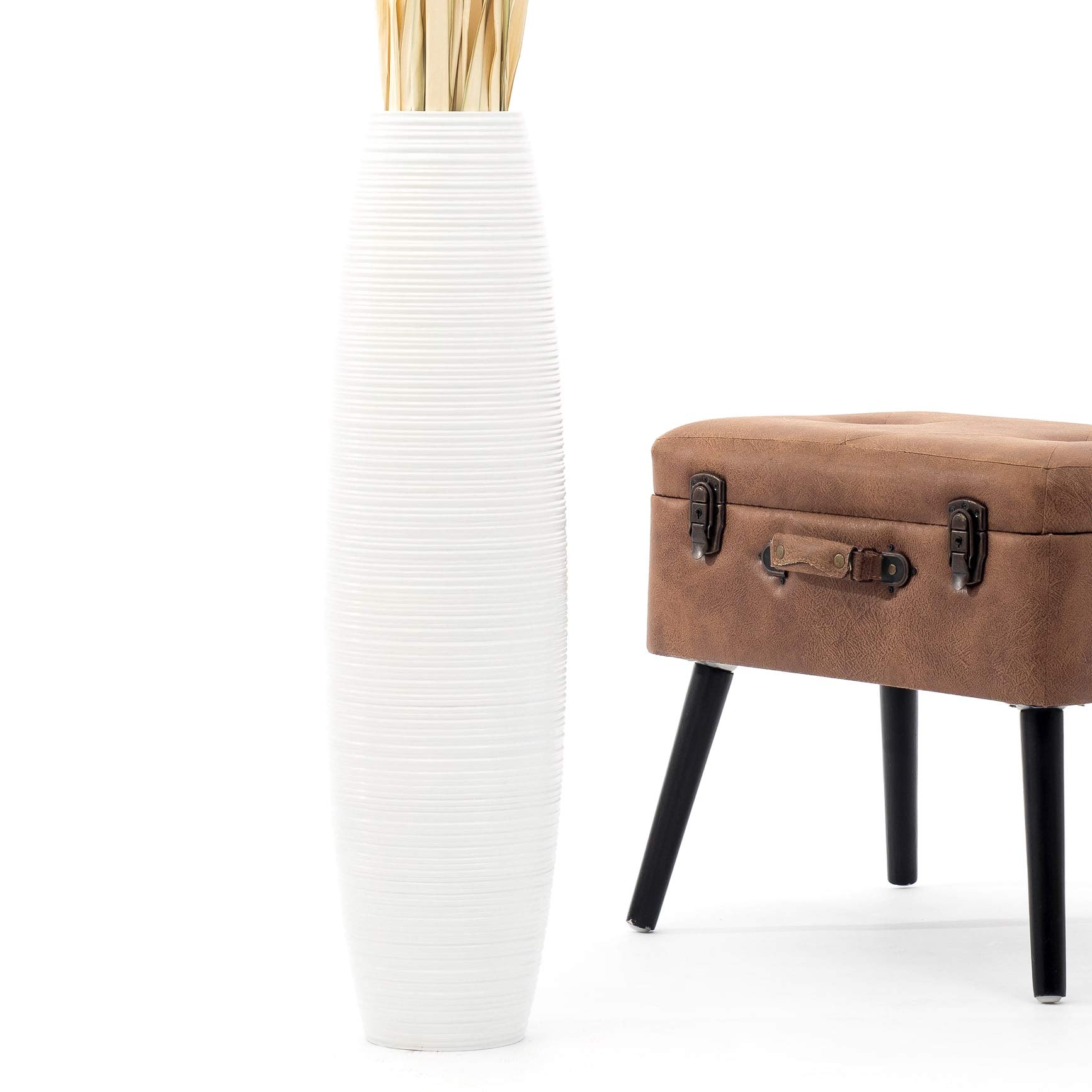 Leewadee Jarrón Grande De Suelo - Jarrón Alto De Madera De Mango para Ramas Decorativas, 65 cm, Blanco