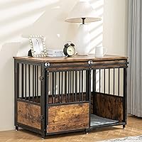 Vista 8 de KOOPRO Mueble de jaula para perros de 32 pulgadas con cojín para perros grandes y medianos, perrera de madera resistente con puertas dobles, jaula