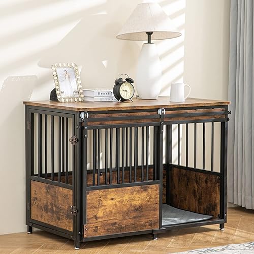 KOOPRO Mueble de jaula para perros de 40 pulgadas con cojín para perros grandes y medianos, perrera de madera resistente con puertas dobles, mesa