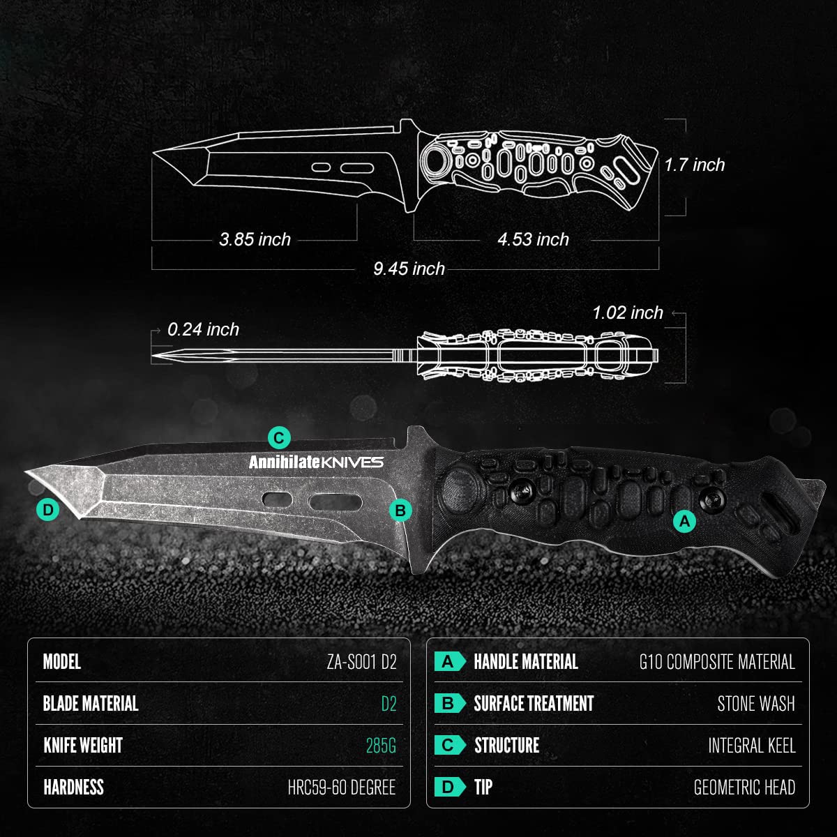 Buy Zune Lotoo Tactical Survival Knife Fixed Blade Knife with Sheath D2