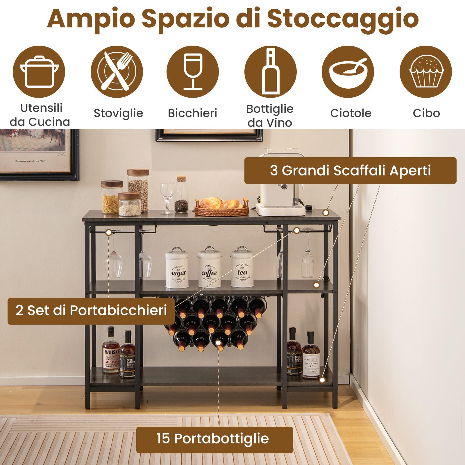 GYMAX Mobile Portabottiglie di Vino a 3 Livelli con Prese, Tavolo da Bar per Liquori con Porta Calici, Struttura in Metallo, Tavolo Console per Soggiorno, Cucina e Sala da Pranzo (GRIGIO SCURO)