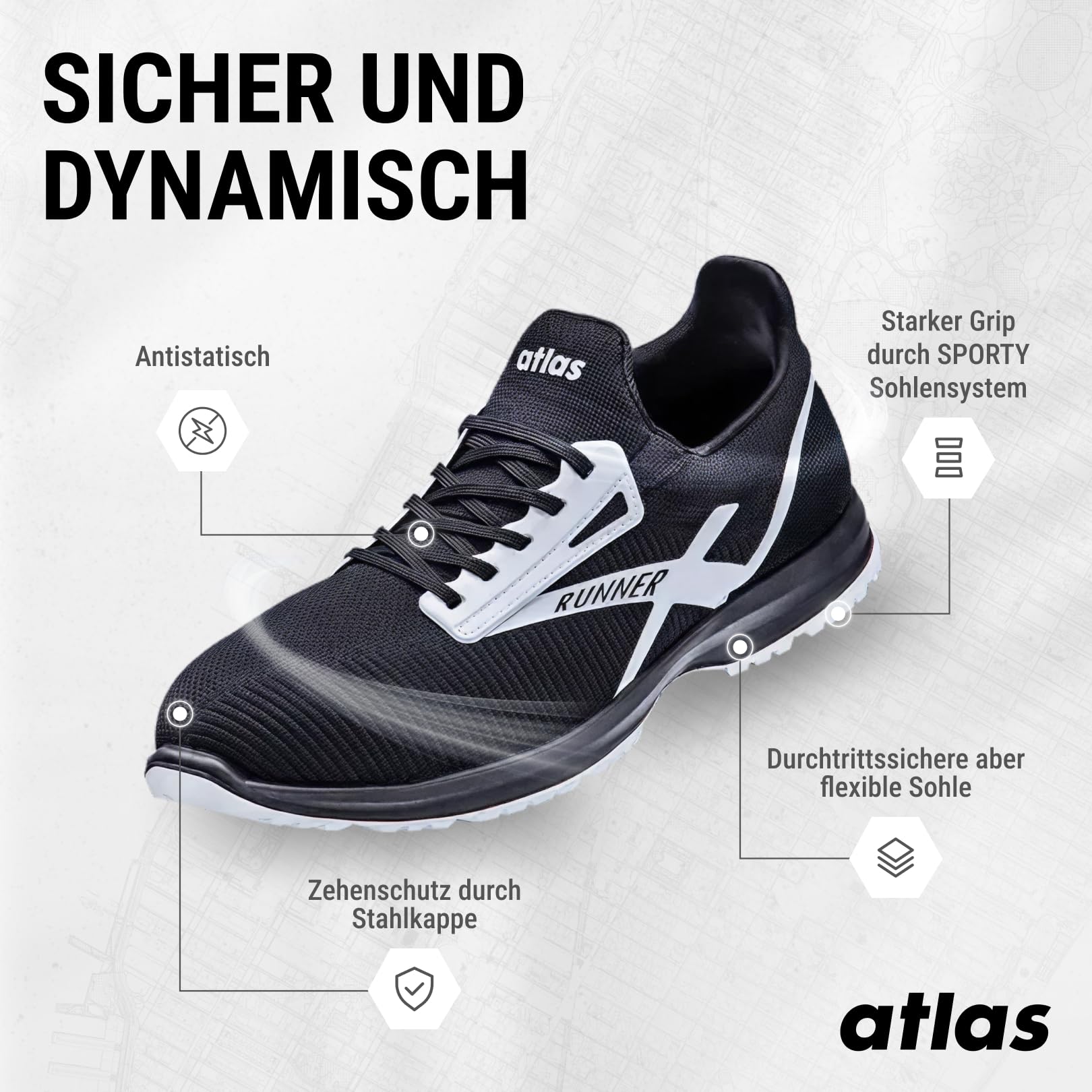 Atlas Runner 25 ESD Sicherheitschuhe Arbeitsschuhe für Herren und Damen S1P leicht, atmungsaktiv, Stahlkappe, Durchtrittschutz, ESD Weite 10