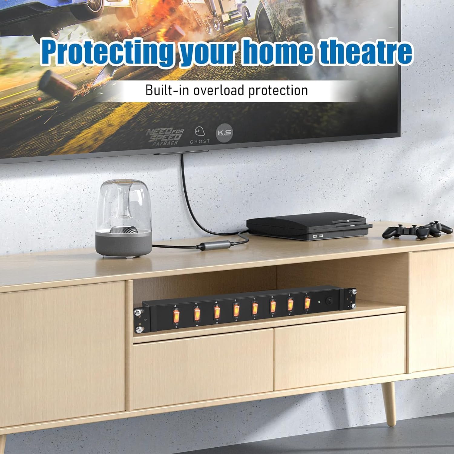 HHSOET 1U Rack Mount Surge Protection, 8 Outlet PDU Power Strip, Metal Mountable Outlet Strip with Switch,1200J, 6ft Power Cord.