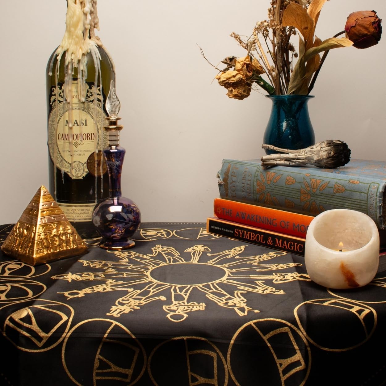 Discoveries Egyptian Imports Lunar Phase Altar Kit - Egyptian Gods and Goddesses, Pyramid Statue, Candle Holder and Tablecloth - Gift Set - Handmade in Egypt with Gypsum, Alabaster, and Gold Detailing