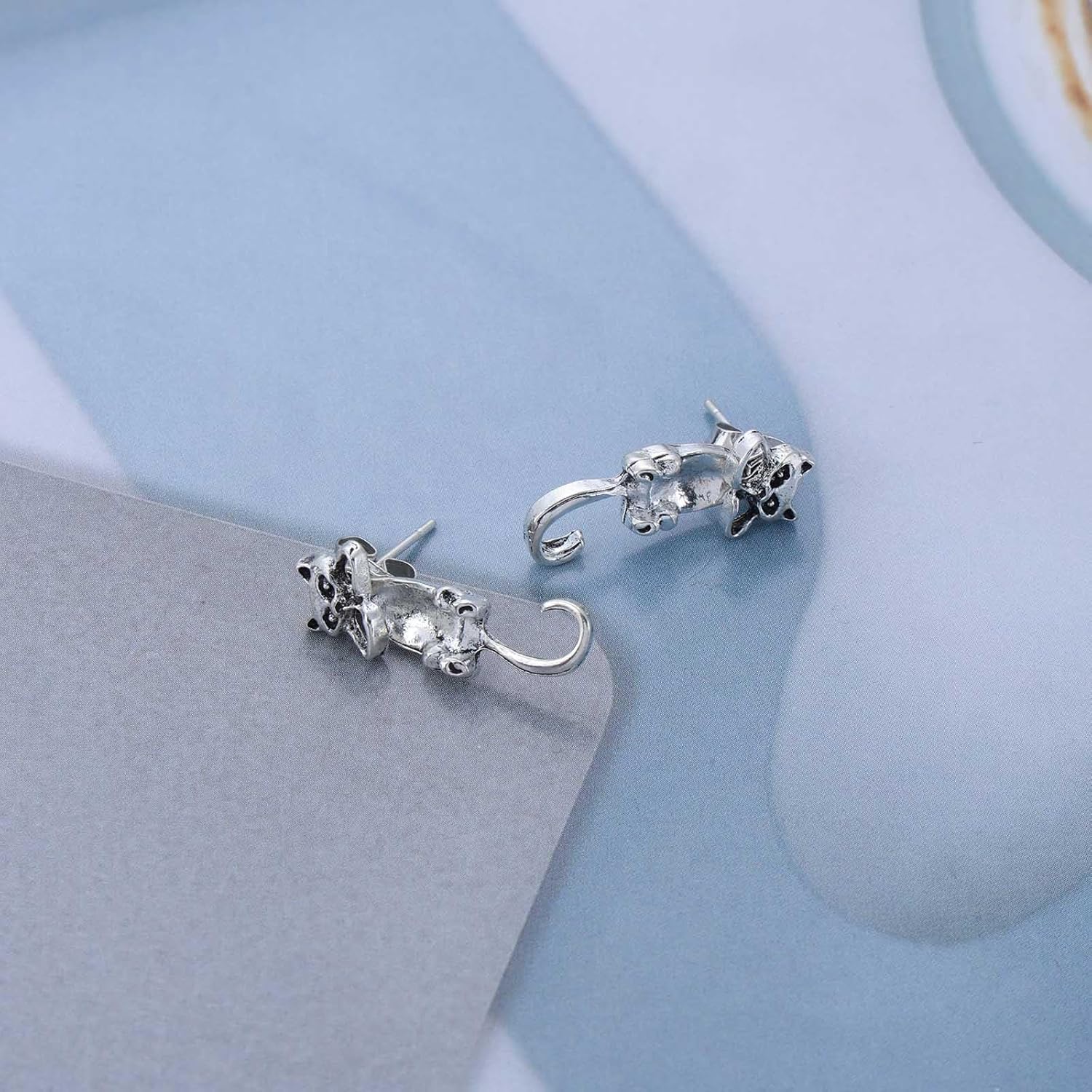 Punk Cat Ear Jacket Earrings Silver Cat Earring Jacket Stud Front Back Gothic Animal Earrings Jewelry for Women - Image 5