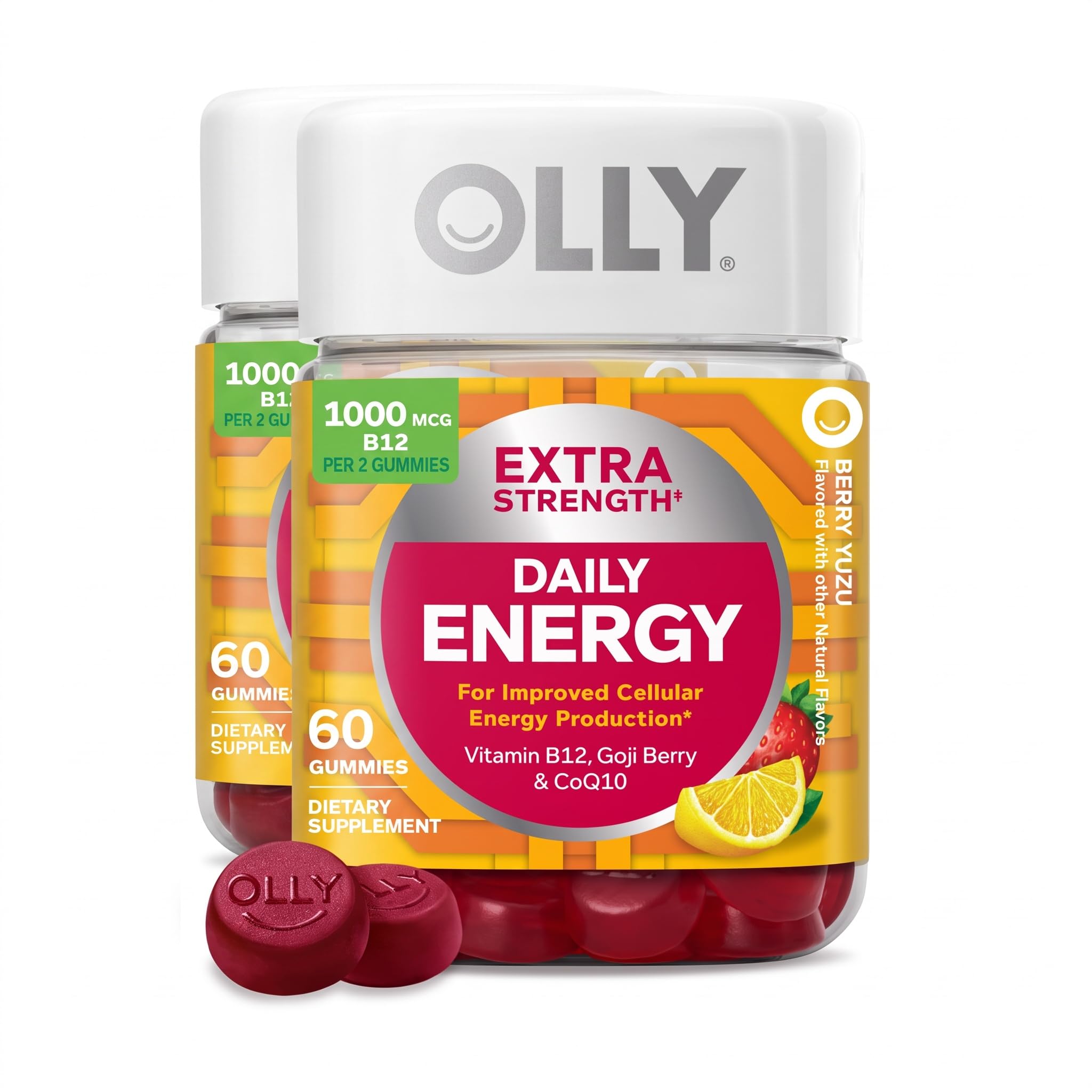OLLY Extra Strength Daily Energy Gummy,Caffeine Free,1000mcg Vitamin B12,CoQ10,Goji Berry,Adult Chewable Supplement,Berry Yuzu Flavor -,60 Count (Pack of 2)