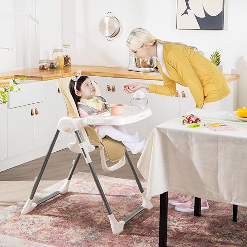 Miniatura 8 de BABY JOY Silla alta para bebés y niños pequeños, silla alta plegable con altura ajustable, respaldoreposapiés, bandeja extraíble doble, soporte para