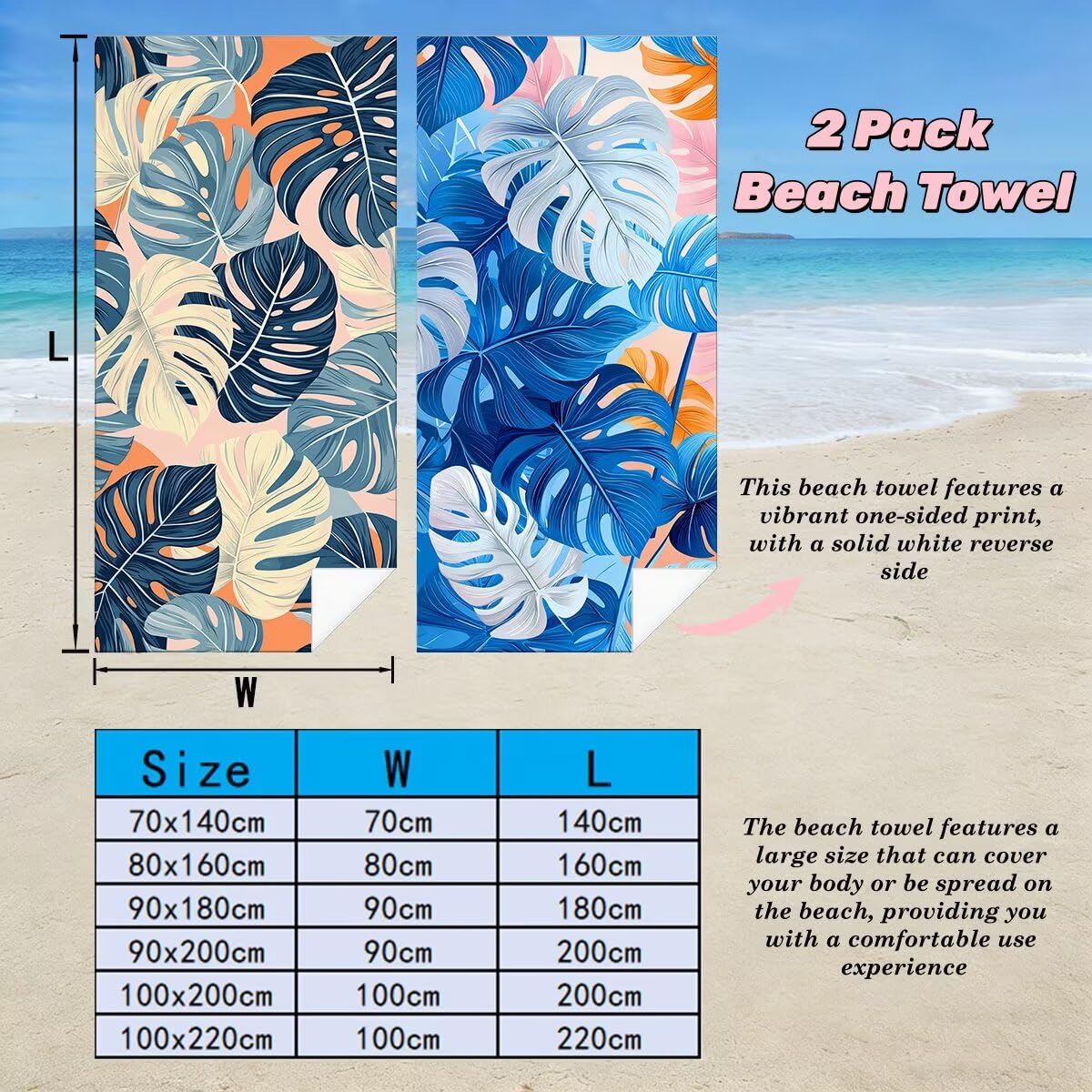 Ręcznik plażowy XXL, 100 x 200 cm, zestaw 2 sztuk, z mikrofibry, z liści palmowych, szybkoschnący, do sauny, fitness, bez piasku, ręcznik plażowy, do sauny, duży na prezenty -4665