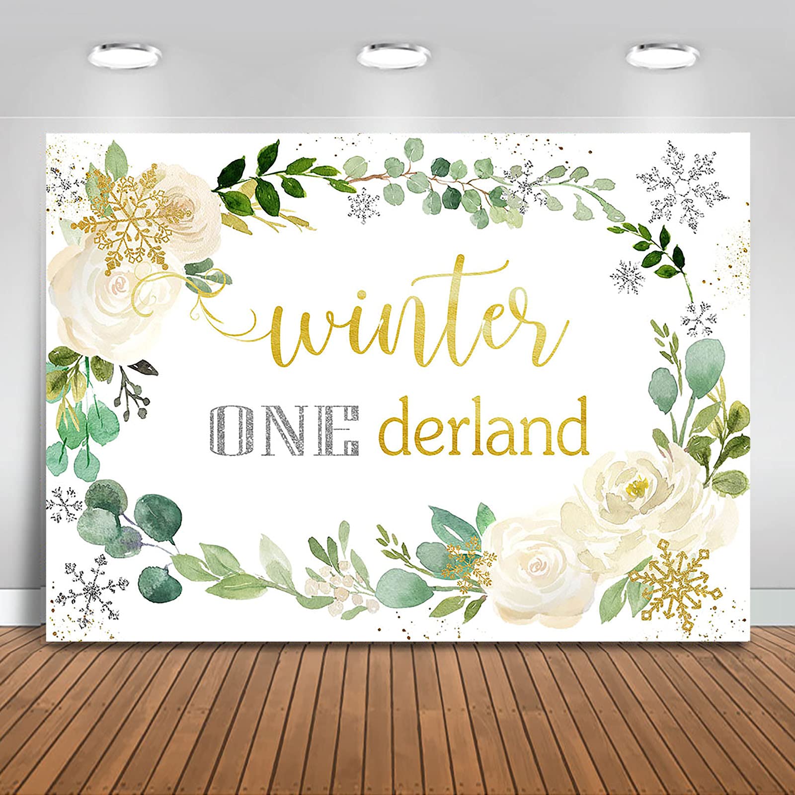 Mocsicka Winter Onederland Backdrop Snowflake White Rose Eucalyptus Leaves Girl's 1st Birthday Party Decorations Floral and Greenery Wall Decor Photo Background (7x5ft)