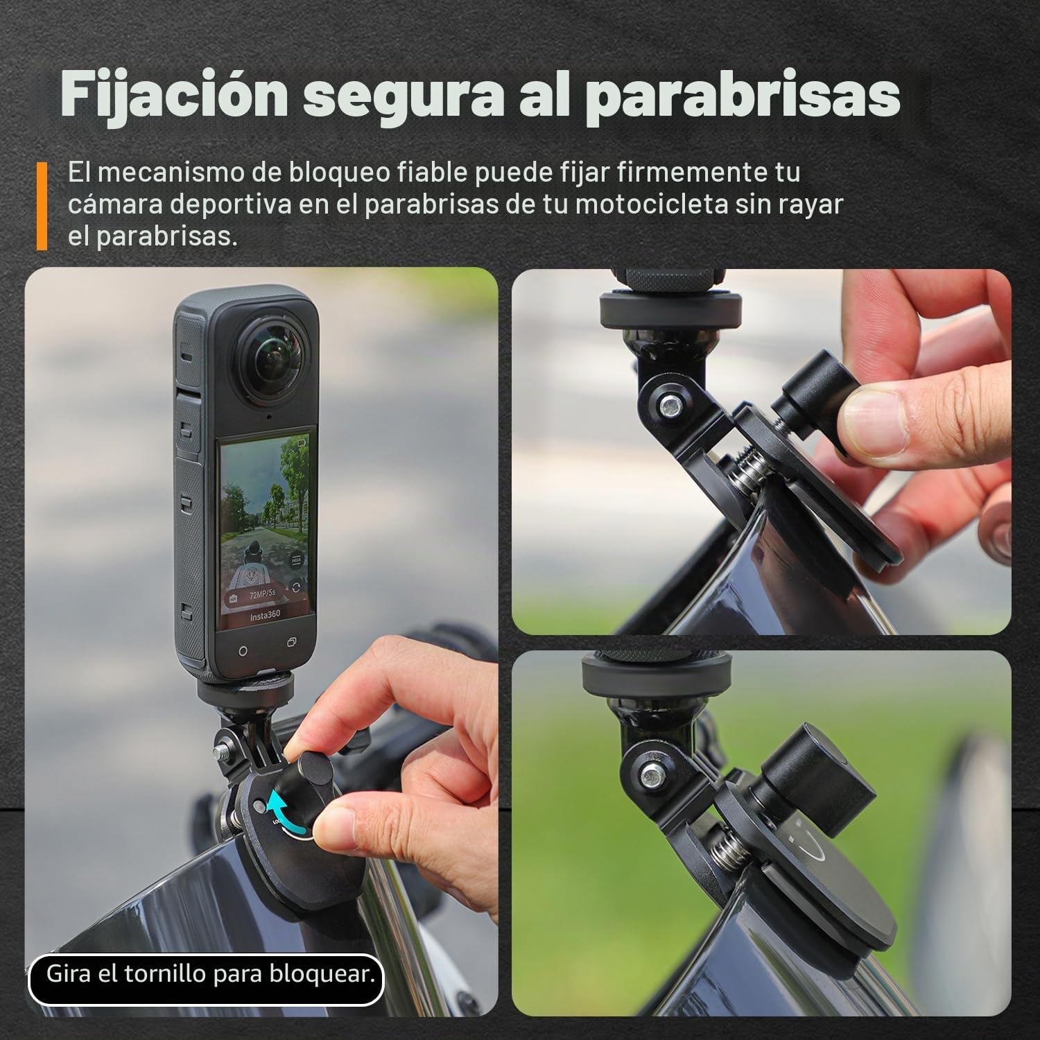 Aluminio Moto Cámara Parabrisas Soporte Compatible con Insta360 X5-X | CNC Aluminio Moto Parabrisas Soporte para Cámaras de Acción, Resistente a los Golpes Durante la Conducción